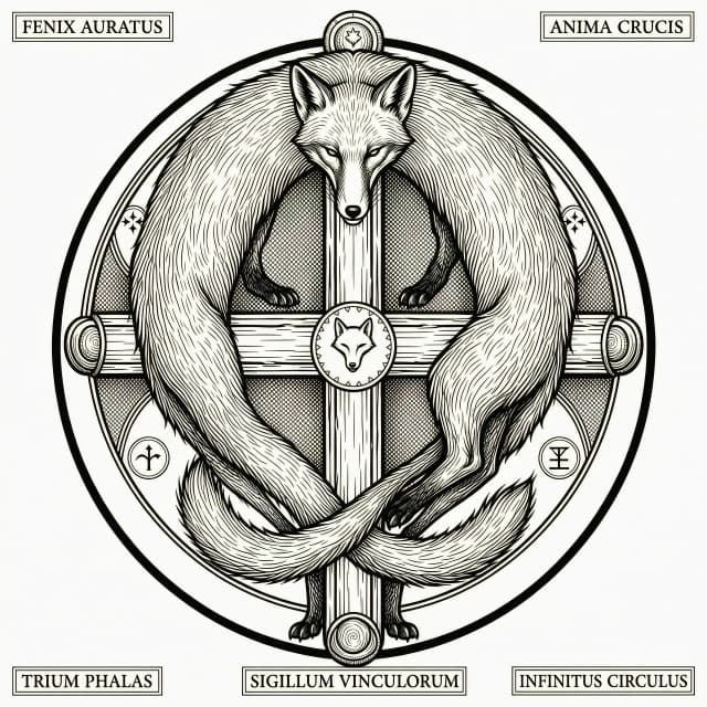 Tattoo flash art, alchemic cross of Flamel, instead of a serpent a cunning fox with three tails is crucified on the cross, the fox's body is elongated and curved to match the exact silhouette of the ouroboros serpent, the three tails split at the bottom curling around the vertical beam, detailed linework, etching style, Renaissance engraving, thick black outlines, crosshatching shadows, white background, monochrome, symmetrical composition, occult symbolism, high detail, --no watercolor, grey