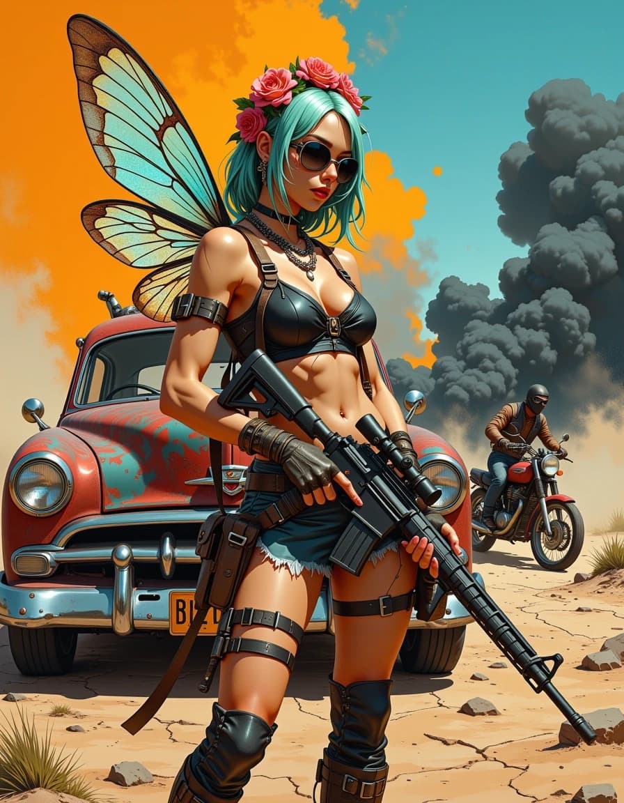 A masterpiece,  in the style of the 1980s, with bold lines, dynamic strokes and rich textures, on background with a touch of nostalgia, perhaps with subtle drawings inspired by cellulose and vintage, worn textures similar to paper, oil painting, A stunning hyper-realistic photorealistic airbrush art piece in the style of Mad Max: Fury Road. A fierce post-apocalyptic fairy warrior with iridescent tattered dragonfly wings, she's holding an assault rifle, standing in front of a heavily rusted,  customized vintage 1950s rat-rod car. She has mint-green hair, wears steampunk goggles, a withered flower crown, and tactical leather gear, holding a weathered black assault rifle. In the background, another fairy sits on the car's roof, and a masked raider on a rusty motorcycle speeds through the desert, kicking up thick clouds of dust and black smoke. Arid wasteland setting with cracked earth and distant mountains. High-gloss cinematic finish, dramatic orange and teal color grading, ultra-fine textures of rust and skin, 8k resolution, photorealistic, intricate details.  simple background celshading,