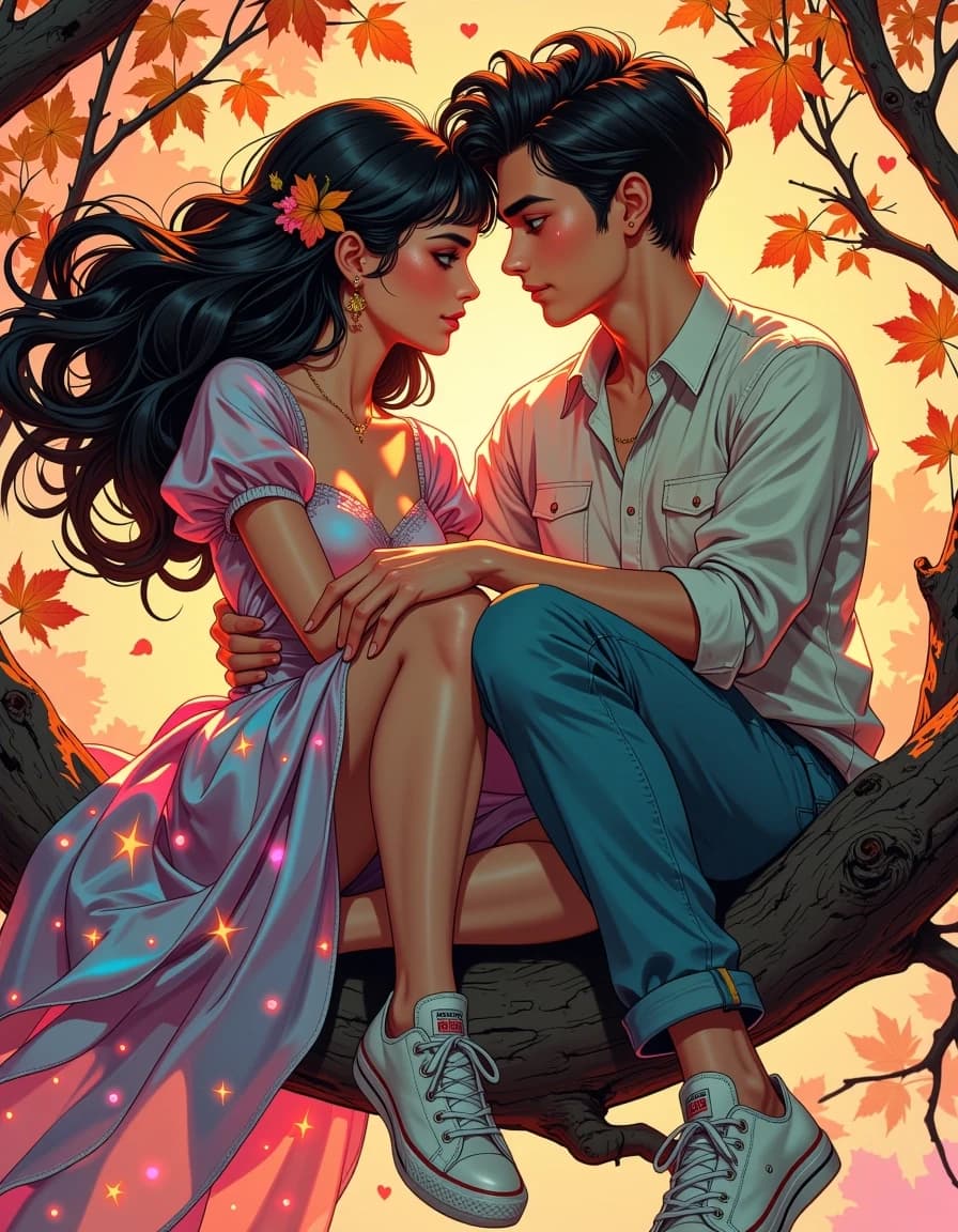 A masterpiece,  in the style of the 1980s, with bold lines, dynamic strokes and rich textures, on background with a touch of nostalgia, perhaps with subtle drawings inspired by cellulose and vintage, worn textures similar to paper, oil painting, An emotional and artistic photorealistic airbrushed portrait of a young couple sitting gracefully towards each other on a twisted branch. They're leaning close, looking deep into each others expressive eyes, conveying warmth. They're surrounded and intertwined with autumn leaves and plushed multicolored hearts. The woman is wearing a flowing multi-layered silk dress filled with glowing tiny star particles and matching sneakers (Converse All Star). Her hair is extremely voluminous and long, adorned with dried flowers and autumn leaves. She has big eyes with long wispy lashes, plump lips slightly smiling and a pink tint on her cheeks and nose. The man has big intense eyes, bold defined eyebrows, high highlighted cheekbones, plump lips with a charming smile and voluminous hair. He wears a shirt, faded jeans and sneakers. Shallow depht of field. Premium aesthetic with rainbow accents and striking chromatic contrasts. Autumn. Ultra-vibrant, stunning visual impact. An cinematic and romantic masterpiece. simple background celshading,