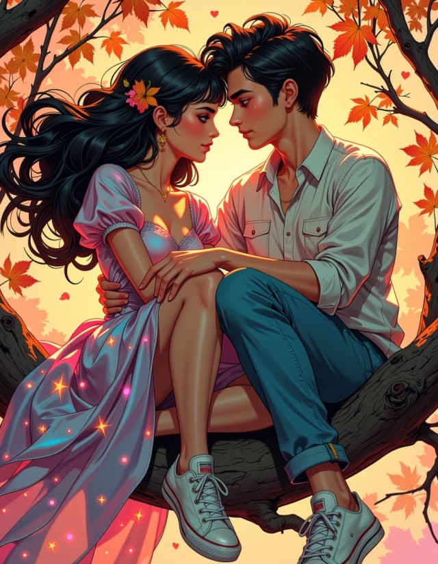 A masterpiece,  in the style of the 1980s, with bold lines, dynamic strokes and rich textures, on background with a touch of nostalgia, perhaps with subtle drawings inspired by cellulose and vintage, worn textures similar to paper, oil painting, An emotional and artistic photorealistic airbrushed portrait of a young couple sitting gracefully towards each other on a twisted branch. They're leaning close, looking deep into each others expressive eyes, conveying warmth. They're surrounded and intertwined with autumn leaves and plushed multicolored hearts. The woman is wearing a flowing multi-layered silk dress filled with glowing tiny star particles and matching sneakers (Converse All Star). Her hair is extremely voluminous and long, adorned with dried flowers and autumn leaves. She has big eyes with long wispy lashes, plump lips slightly smiling and a pink tint on her cheeks and nose. The man has big intense eyes, bold defined eyebrows, high highlighted cheekbones, plump lips with a charming smile and voluminous hair. He wears a shirt, faded jeans and sneakers. Shallow depht of field. Premium aesthetic with rainbow accents and striking chromatic contrasts. Autumn. Ultra-vibrant, stunning visual impact. An cinematic and romantic masterpiece. simple background celshading,