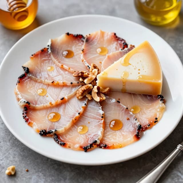 scetch of sliced carpaccho and cheese with honey and nuts on a plate