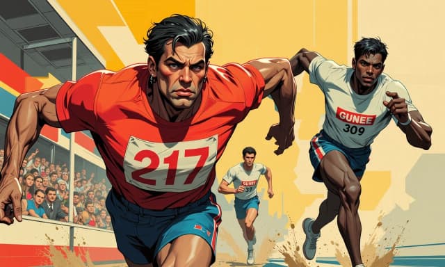 A masterpiece,  in the style of the 1980s, with bold lines, dynamic strokes and rich textures, on background with a touch of nostalgia, perhaps with subtle drawings inspired by cellulose and vintage, worn textures similar to paper,oil painting, A wide cinematic vintage poster with illustrations for a Soviet-era film depicting an emaciated middle-aged marathon runner in the foreground, wearing a faded red T-shirt with the number 217 on the bib. His face is covered with sweat, his mouth is compressed, his gaze is directed forward, his muscles are tense, his veins are visible; a little behind and to the right is a thin dark-skinned athlete in a white T-shirt with the inscription "GUINEE", the 309 bib is approaching him, dynamic competitive poses convey effort and struggle. A crowded stadium full of cheering spectators, banners and scoreboards, the warm golden light of late evening, flickering from heat and dust motes, splashes of sweat and dirt stains, spectacular lighting of the sides and strong directional shadows. Hand-painted in the style of animated realism with a rich warm palette (reds, oranges, ocher tones), textured brushstroke, fine film grain and vignettes, light motion blur to add speed. small elements that copy a vintage poster ("USSR 1970s, heat +30, integrated into the design, high contrast, cinematically wide aspect ratio, energetic composition, nostalgic and heroic mood, space at the bottom for the credits. celshading, simple background