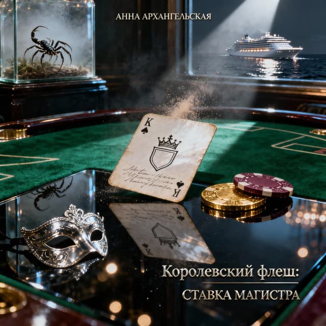 Premium A5 book cover for a detective thriller, vertical orientation. Cinematic realism, hyper-detailed photorealism. 

Composition: A macro close-up shot of a professional poker table covered in deep emerald-green felt. In the center, a single, slightly worn playing card—a "White King" without a suit, featuring a minimalist crown contour and an empty shield. The card is textured, with faint, handwritten script visible through the paper as light bleeds through it. Beside the card lie two or three high-end casino chips and a sharp, thin crack of light cutting through the darkness, like a focused spotlight. 

In the polished, dark reflection of the table's surface, there is a ghostly, sophisticated зеркальная мужская masquerade mask and the blurred, bokeh lights of Monte Carlo. In the upper corner, subtly out of focus behind frosted glass, a small, elegant terrarium reveals the faint, non-grotesque silhouette of a scorpion. In the far distance, visible through a window, a magnificent, glowing modern cruise liner glides on the dark sea.

Atmosphere: Cold luxury, intellectual tension, and an impending sense of threat. A light haze hangs in the air with microscopic dust particles dancing in a single dramatic light beam.

Color Palette: Deep obsidian black, rich emerald green, polished gold, subtle blood-burgundy accents, and sharp silver highlights.

Typography (Russian language only):
Top: "АННА АРХАНГЕЛЬСКАЯ"
Королевский флеш:
СТАВКА МАГИСТРА