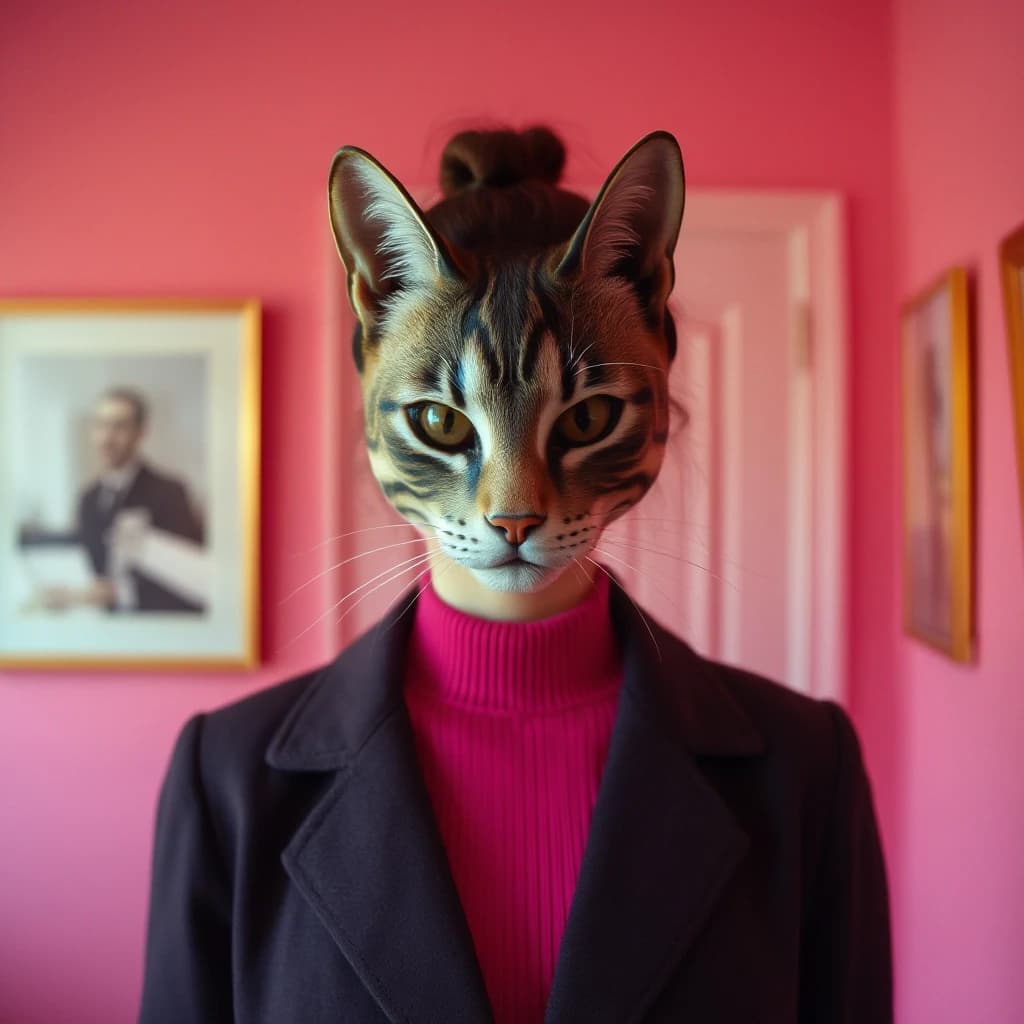 Create an image of a woman with a cat's mask standing in a pink room in the style of Wes Anderson with high detail