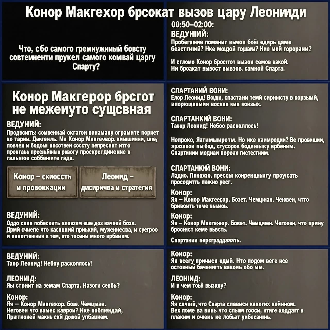 ## Подход к сценарию

Это **полностью вымышленный комедийно-приключенческий кроссовер**: реальный Конор Макгрегор встречается с историческим царём Леонидом в фантастической Спарте. Сценарий рассчитан на широкую аудиторию: в нём есть юмор, динамика, немного исторического контекста и зрелищные визуальные сцены.  

Продолжительность — около **8–9 минут**. Исторические факты отделены от художественного вымысла.

# «Конор Макгрегор бросает вызов царю Леониду»

### [00:00–00:50] Вступление: вызов, которого не должно было существовать

[Чёрный экран. Слышен гул стадиона, затем звон металла. На экране появляется надпись: «Что, если самый громкий боец современности встретил самого известного царя Спарты?»]

**ВЕДУЩИЙ:**

Представьте: современный октагон внезапно открывает портал во времени. Из него выходит Конор Макгрегор — чемпион, шоумен и человек, который способен превратить обычную пресс-конференцию в главное событие года.

А напротив него — царь Леонид, легендарный спартанский воин, символ дисциплины, мужества и сурового отношения к тем, кто слишком много говорит.

[На экране появляются две таблички: «Конор — скорость и провокация» и «Леонид — дисциплина и стратегия».]

**ВЕДУЩИЙ:**

Один привык побеждать словами ещё до начала боя. Другой считает, что настоящая речь должна быть короткой.

И сегодня Конор бросит вызов не просто воину. Он бросит вызов самой Спарте.

[Резкий монтаж: кулак Конора, копьё Леонида, песок арены.]

---

### [00:50–02:00] Неожиданная встреча

[Древняя Спарта. Улицы, каменные стены, воины тренируются с копьями. В центре площади вспыхивает круг света.]

**СПАРТАНСКИЙ ВОИН:**

Царь Леонид! Небо раскололось!

[Из портала выходит Конор в современной спортивной одежде. Он оглядывается, поправляет воротник и уверенно улыбается.]

**КОНор:**

Неплохо. Атмосфера есть. Но где камеры? Где публика? Где мой гонорар?

[Спартанцы молча смотрят на него.]

**КОНор:**

Ладно. Похоже, пресс-конференцию придётся проводить прямо здесь.

[На площади появляется Леонид в доспехах. Камера медленно приближается к его лицу.]

**ЛЕОНИД:**

Ты стоишь на земле Спарты. Назови себя.

**КОНор:**

Я — Конор Макгрегор. Боец. Чемпион. Человек, который пришёл бросить тебе вызов.

[Спартанцы переглядываются.]

**ЛЕОНИД:**

Ты пришёл один?

**КОНор:**

Я всегда прихожу один. Но обычно потом все остальные начинают говорить обо мне.

**ЛЕОНИД:**

И в чём твой вызов?

**КОНор:**

Я слышал, что Спарта славится своими воинами. Но пока я вижу только людей, которые ходят в плащах и очень не любят улыбаться.

[Несколько спартанцев хмурятся. Один едва заметно