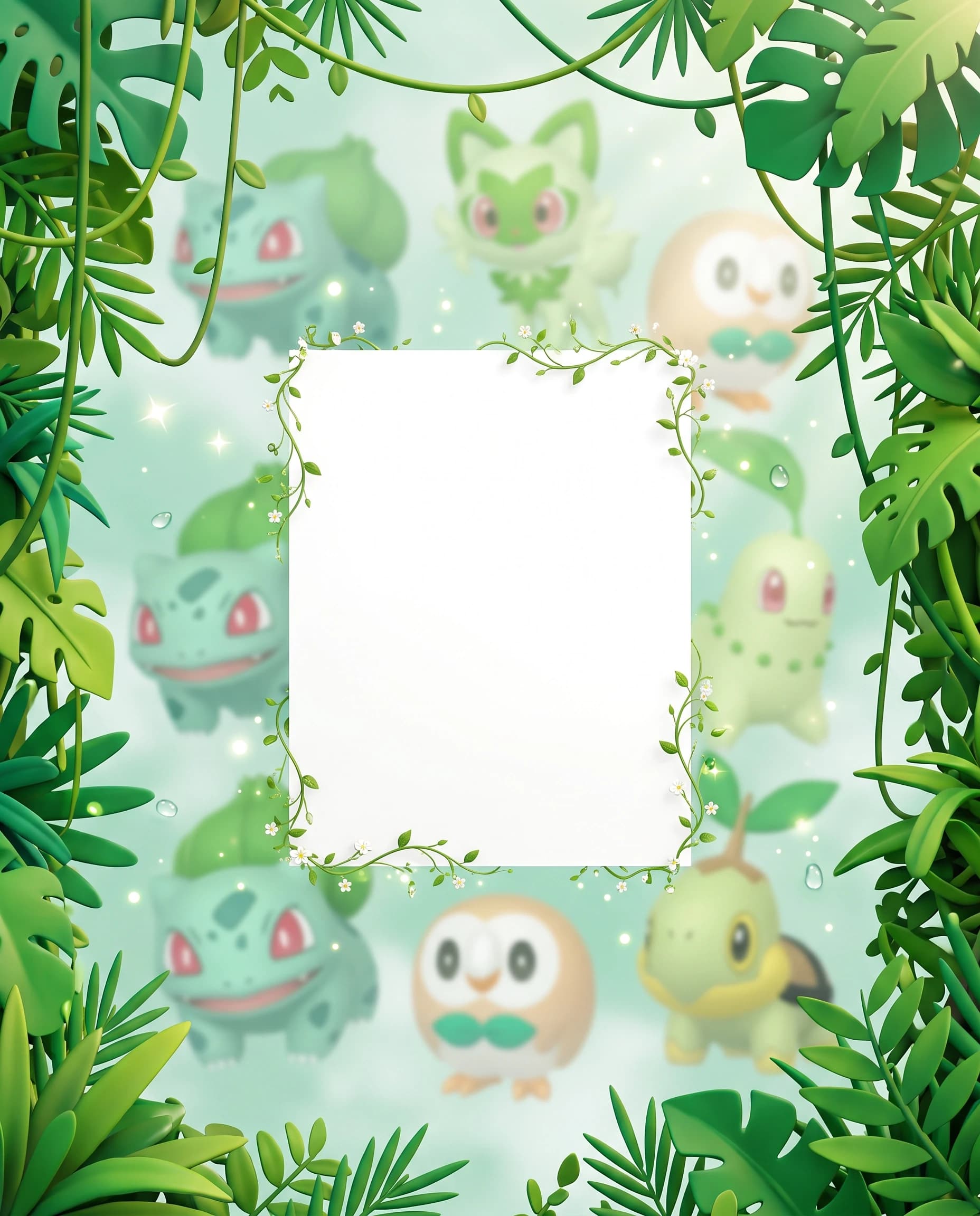 A layered 3D digital illustration for a vertical service card background, portrait orientation. Back layer: various out-of-focus grass-type anime Pokemon characters (Bulbasaur, Sprigatito, Rowlet, Chikorita, Turtwig) softly blended in a pastel mint-green and white environment, creating a gentle background blur and depth. Second layer: dense, lush 3D stylized vibrant jungle foliage, hanging vines, and tropical leaves tightly framing the outer edges of the canvas, creating a strong pop-out 3D effect. Third layer: glowing aesthetic sparkles, floating dew drops, subtle magical sun rays, and ambient light particles enhancing the overall atmosphere. Foreground layer: a large, clean, empty white rectangular card perfectly centered in the middle of the frame, designed specifically for text overlay. Delicate green vines, tiny white flowers, and leaves are gently wrapping around and creeping over the outer borders of this central white rectangle, slightly overlapping the edges. The center of the white rectangle is completely clean and blank, intended for a character placement. Cinematic lighting, soft studio illumination, vector-style 3D render, 8k resolution, high quality, depth of field, --ar 4:5 --v 6.0 --style raw