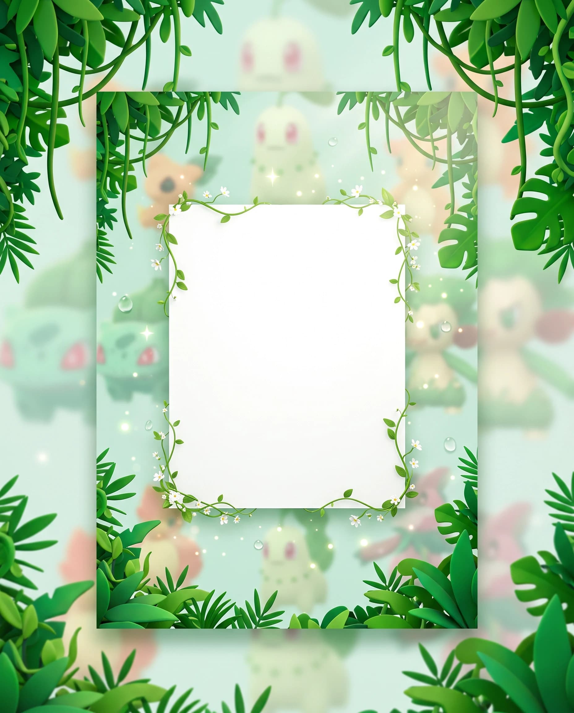 A layered 3D digital illustration for a vertical service card background, portrait orientation. Back layer: various out-of-focus grass-type anime Pokemon characters (Bulbasaur, Sprigatito, Rowlet, Chikorita, Turtwig) softly blended in a pastel mint-green and white environment, creating a gentle background blur and depth. Second layer: dense, lush 3D stylized vibrant jungle foliage, hanging vines, and tropical leaves tightly framing the outer edges of the canvas, creating a strong pop-out 3D effect. Third layer: glowing aesthetic sparkles, floating dew drops, subtle magical sun rays, and ambient light particles enhancing the overall atmosphere. Foreground layer: a large, clean, empty white rectangular card perfectly centered in the middle of the frame, designed specifically for text overlay. Delicate green vines, tiny white flowers, and leaves are gently wrapping around and creeping over the outer borders of this central white rectangle, slightly overlapping the edges. The center of the white rectangle is completely clean and blank, intended for a character placement. Cinematic lighting, soft studio illumination, vector-style 3D render, 8k resolution, high quality, depth of field, --ar 4:5 --v 6.0 --style raw