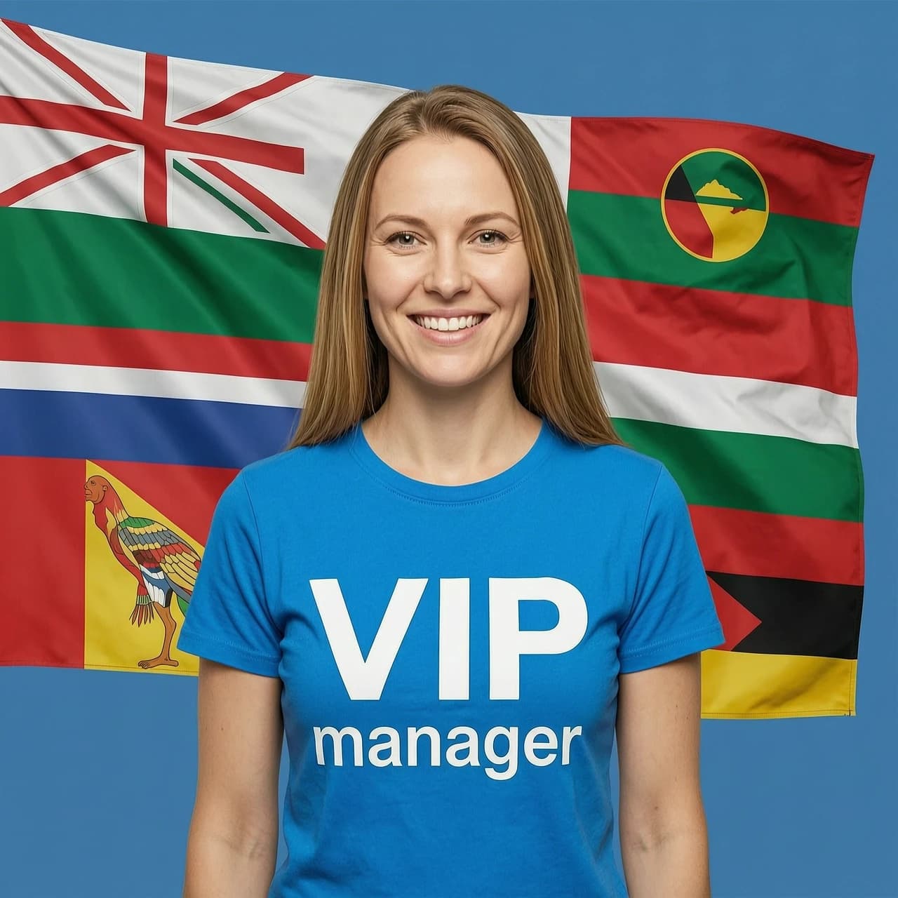Realistic portrait of a beautiful smiling European  woman with long  light brown straight hair. She is wearing a bright blue t-shirt with a large white phrase "VIP manager" logo on it. In the background, there is a large, slightly waving flag of different countries in Africa. Bright studio lighting, high resolution, photorealistic style, solid blue background behind the flag. She must be beautiful.