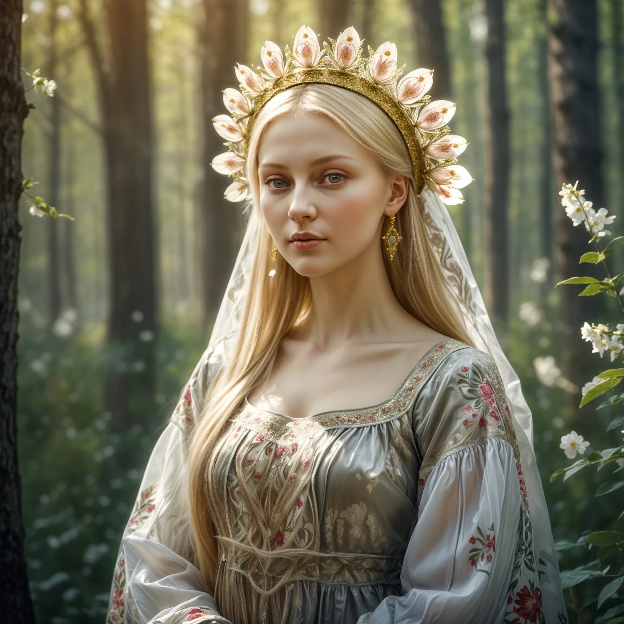 Russian Russians: A detailed portrait of a young woman of Slavic appearance from the 16th century in a traditional long Russian sundress and a traditional Russian cocoanut headdress, with blonde hair against the background of a spring blooming forest, in full growth. In the Glitter style: magical realism, natural symphony, shapes dissolve into color, lines flow like water, translucent layers with a watercolor texture, intricate ornaments at the corners of the composition.
High quality, 4k, octane, cinematic lighting, dramatic composition, eyes with increased detail, delicate skin texture, professional photography, depth of field, Leica camera, artstation trends, spectacular lighting, mystical atmosphere, detailed textures, volumetric lighting, works by Viktor Vasnetsov and Ivan Bilibin, gouache painting style, style Russian fairy tales, photorealism. An atmosphere of joy and serenity.