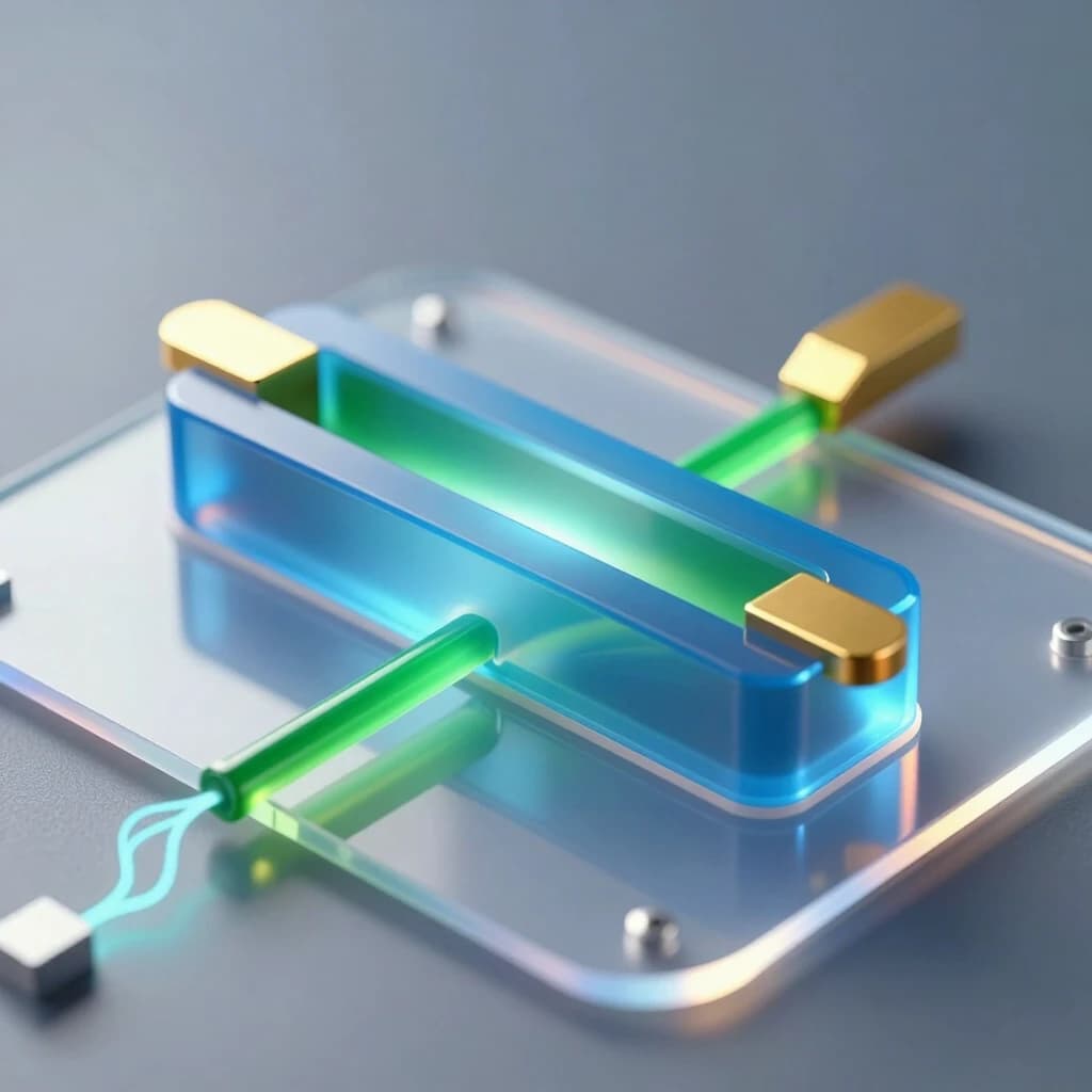 A hyper‑realistic scientific 3D illustration of a single organic field‑effect transistor with a bottom gate and top contacts of the following structure (layers from bottom to top): a flexible transparent PET substrate, a continuous aluminum gate, a thin translucent blue layer of aluminum oxide dielectric, a thin green single‑crystal organic semiconductor, two gold contacts for the source (on the left) and the drain (on the right), with a distance between them that is 10 times greater than the thickness of the semiconductor layer. The device emits a slight internal glow, indicating the flow of current through the channel. Macro photography, extreme close‑up, shallow depth of field with focus on the active layers. Cold, directional studio lighting from above combined with soft backlighting from below through a substrate to accentuate the gate‑dielectric interface. Reflections with ray tracing, caustics, and electric field aura effects around the contacts. A clean, high‑tech atmosphere, a sterile environment, no contact pads. 8K resolution, complex microscopic details, photorealistic textures.