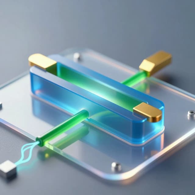 A hyper‑realistic scientific 3D illustration of a single organic field‑effect transistor with a bottom gate and top contacts of the following structure (layers from bottom to top): a flexible transparent PET substrate, a continuous aluminum gate, a thin translucent blue layer of aluminum oxide dielectric, a thin green single‑crystal organic semiconductor, two gold contacts for the source (on the left) and the drain (on the right), with a distance between them that is 10 times greater than the thickness of the semiconductor layer. The device emits a slight internal glow, indicating the flow of current through the channel. Macro photography, extreme close‑up, shallow depth of field with focus on the active layers. Cold, directional studio lighting from above combined with soft backlighting from below through a substrate to accentuate the gate‑dielectric interface. Reflections with ray tracing, caustics, and electric field aura effects around the contacts. A clean, high‑tech atmosphere, a sterile environment, no contact pads. 8K resolution, complex microscopic details, photorealistic textures.