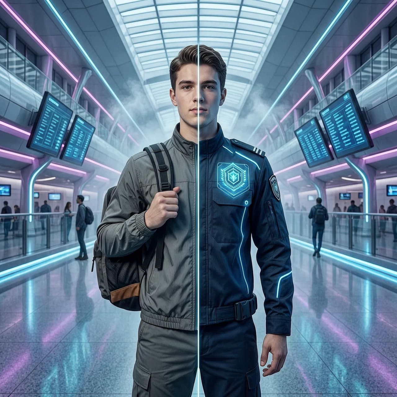 Fut tones. A cinematic medium shot capturing the transformative moment of a college student transitioning into a professional airport security officer. The character, a young adult, is shown in a dual-exposure or split-composition effect: one side reflects their academic life with a backpack and casual tech-wear, while the other side reveals a sharp, high-tech security uniform with glowing holographic insignia. The setting is a sprawling, hyper-modern airport terminal of the future, featuring sweeping architectural curves, translucent glass structures, and floating digital information displays. Lighting is dramatic and atmospheric, with cool neon rim lights, soft volumetric fog, and the rhythmic glow of blue LED strips reflecting off polished metallic surfaces. High level of detail in the textures of synthetic fabrics and holographic interfaces. The mood is aspirational, disciplined, and visionary, rendered with the crispness of high-end commercial digital painting.