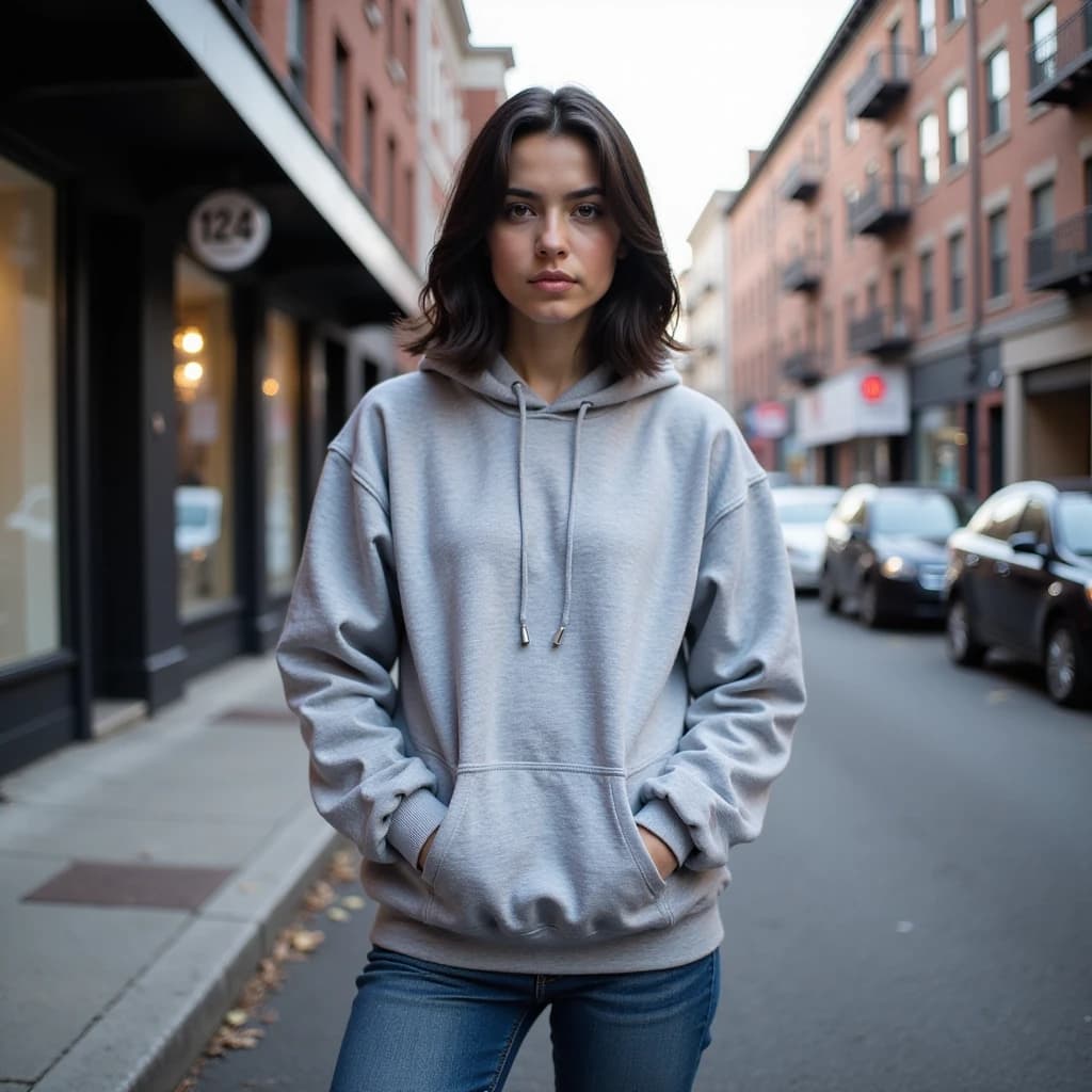 Full-body portrait of a young woman standing on a city street with a blurred architectural background, natural daylight, soft shadows, wearing an oversized hoodie and jeans, straight dark shoulder-length hair, thoughtful serious expression, looking directly at the camera, photorealistic, high quality, detailed skin texture, fabric details, urban atmosphere, shallow depth of field, color palette in cool and neutral tones, 8k, sharp focus.