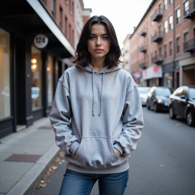 Full-body portrait of a young woman standing on a city street with a blurred architectural background, natural daylight, soft shadows, wearing an oversized hoodie and jeans, straight dark shoulder-length hair, thoughtful serious expression, looking directly at the camera, photorealistic, high quality, detailed skin texture, fabric details, urban atmosphere, shallow depth of field, color palette in cool and neutral tones, 8k, sharp focus.