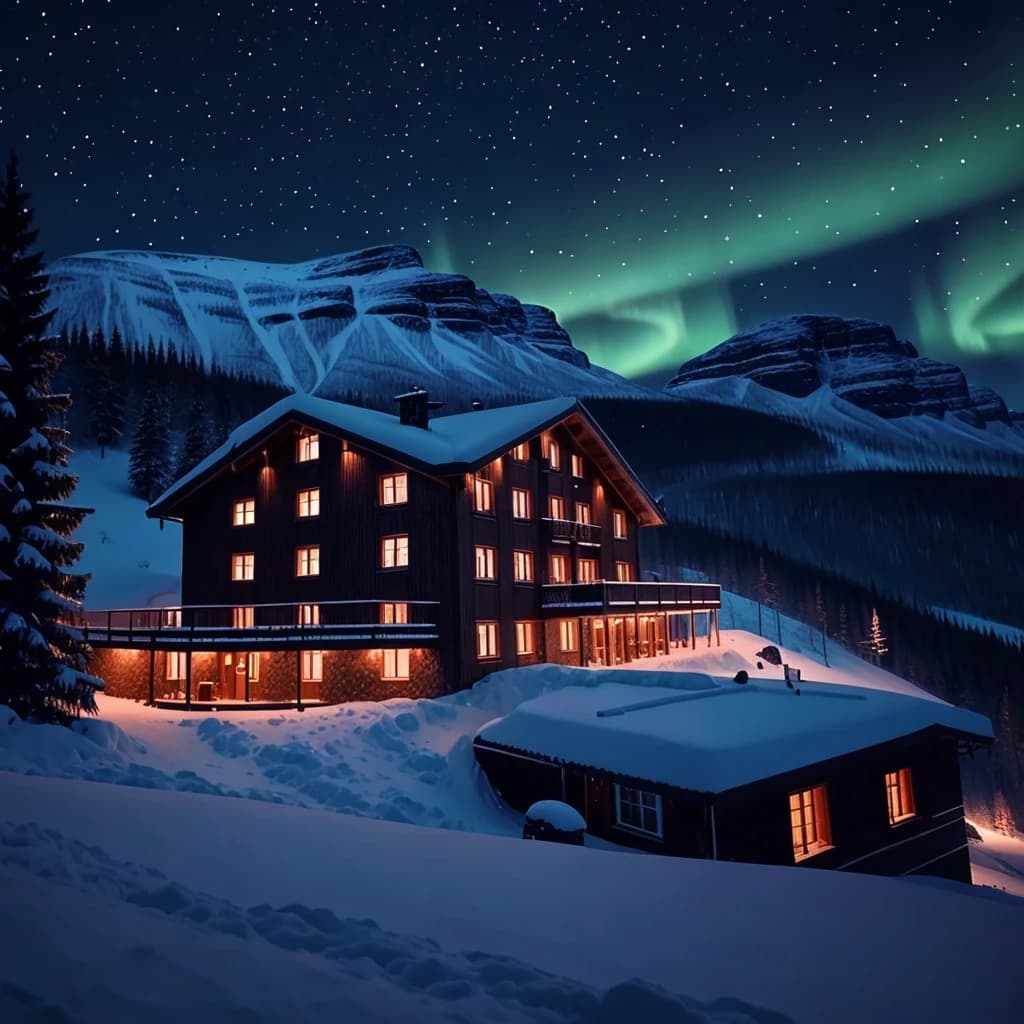 A secluded mountain hotel at night beneath a sky full of stars and the northern lights, soft snowfall, warm lights reflecting on fresh snow, peaceful yet mysterious mood, realistic photography, cinematic lighting, 8k.