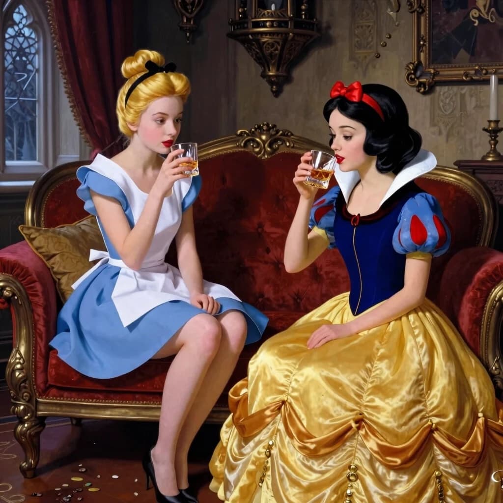 Cute,naked,Cinderella,Alice from Wonderland, Snow White,Belle,drinking whiskey in a room in an English Gothic living room,.style of J Scott Campbell
