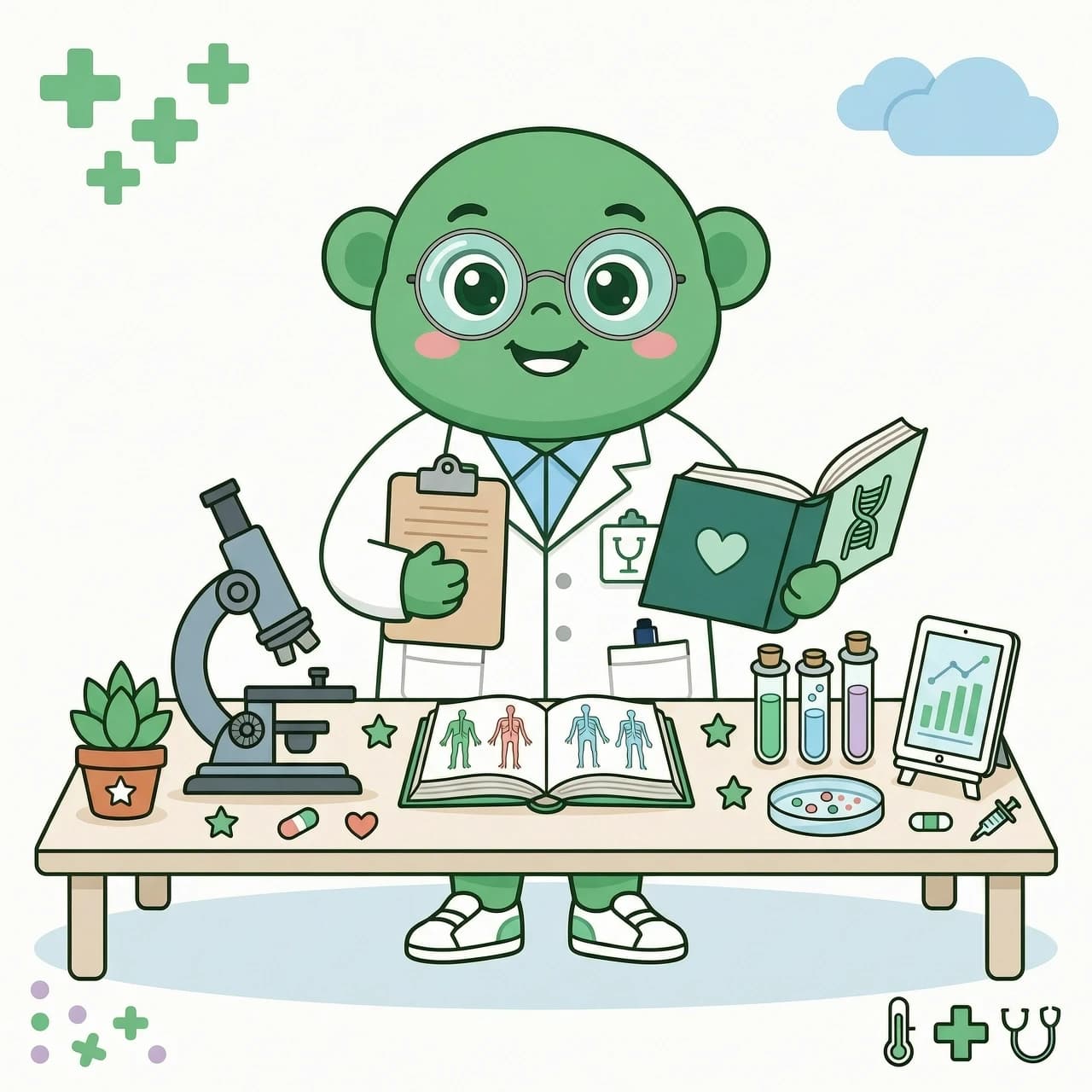 Flat vector illustration, cute green medical mascot character wearing a white doctor's coat and round glasses, standing confidently in front of a medical study desk, holding a clipboard and an open book, cozy medical study desk layout, open anatomy books, microscope, test tubes, pastel mint green, white, and light blue color palette, soft studio lighting, clean and professional design, no harsh shadows, isolated minimalist white background, high resolution, uniform style, no text, --ar 4:3 --v 6.0 --style raw