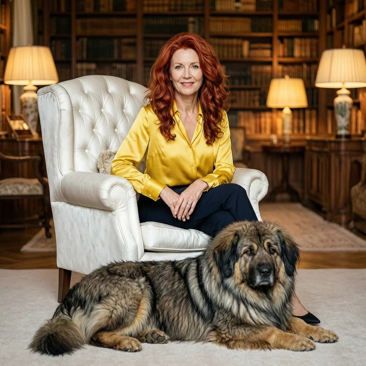 A cinematic full-body portrait of a beautiful 40-year-old woman with vibrant long red hair arranged in elegant voluminous locks. She is wearing a stylish bright yellow silk blouse. She is sitting gracefully in a classic white Voltaire armchair covered in silk fabric with luxurious deep button-tufted upholstery. Lying on the floor right next to her armchair is a large, majestic, fluffy Mongolian Bankhar dog. Rich mansion library room blurred in the background, soft warm lighting, bokeh effect, high-end lifestyle photography, highly detailed textures, centered composition, no text, no letters