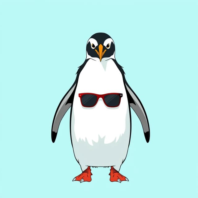 Draw a symmetrical frontal frame in the style of Wes Anderson for the A6 format. In the center is a full—length penguin, he stands straight, compact sunglasses with thin frames on his muzzle. The background is pure muted turquoise, without gradients. Palette: turquoise, black, white, gray. The lighting is bright but soft, without glare. High detail: the feathers are drawn individually, the eyeglass frames are finely detailed, and the proportions of the penguin are anatomically precise. No labels. 8K, stylized to match a movie frame.