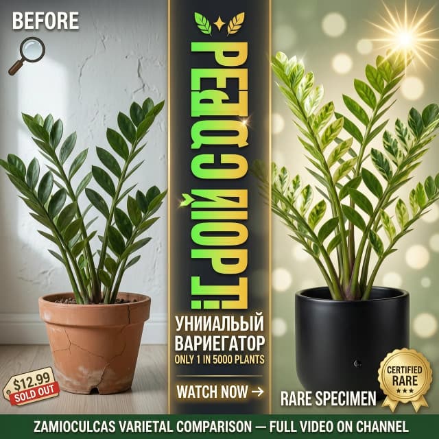 Split-screen comparison layout, 16:9 aspect ratio, professional YouTube thumbnail composition. On the left side: "Before" photo showing a standard, non-variegated Zamioculcas zamiifolia in a simple terracotta pot, slightly dull lighting, natural indoor setting. On the right side: "After" photo showcasing a breathtaking, premium Variegated Zamioculcas with striking creamy-white and lime-green patterns on its waxy, succulent leaves. The "After" shot features extreme macro detail, highlighting the unique variegation texture, vibrant life, and glossy sheen. High-end commercial botanical photography style, soft cinematic studio lighting with gentle bokeh background. In the center, bold and stylish typography with a rare, premium font reads "РЕДКИЙ СОРТ!" in high-contrast colors. Hyper-realistic, 8k resolution, vivid colors, sharp focus, professional color grading, captivating and high-click-through-rate aesthetic.