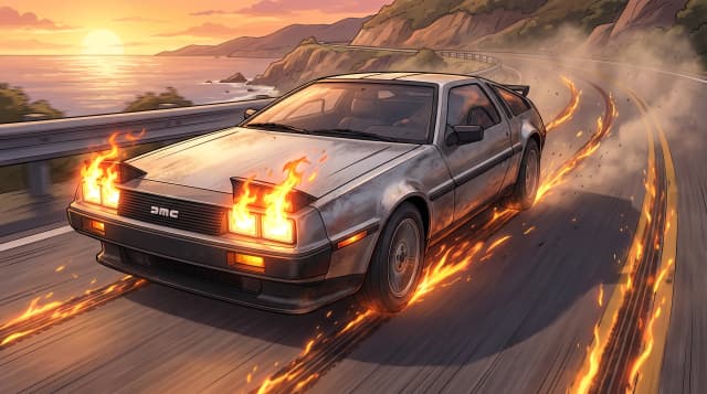 DeLorean DMC-12, едет по дороге, эпичный ракурс, горящие фары, горящий след от колес, шедевр, крупный план, стиль аниме с реалистичными деталями