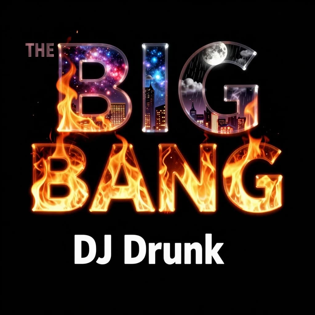 DJ Drunk' (СНИЗУ) 
THE BIG BANG THEORY (ПО СЕРЕДИНЕ)(используй все слова!)


Стиль - фотореализм,АБСТРАКЦИЯ
Тона - черные. 
Шрифт - буквы прозрачные, внутри которых - огонь,тусовка,город,галактика,луна, дождь,гроза

ФОН - ЧЕРНЫЙ