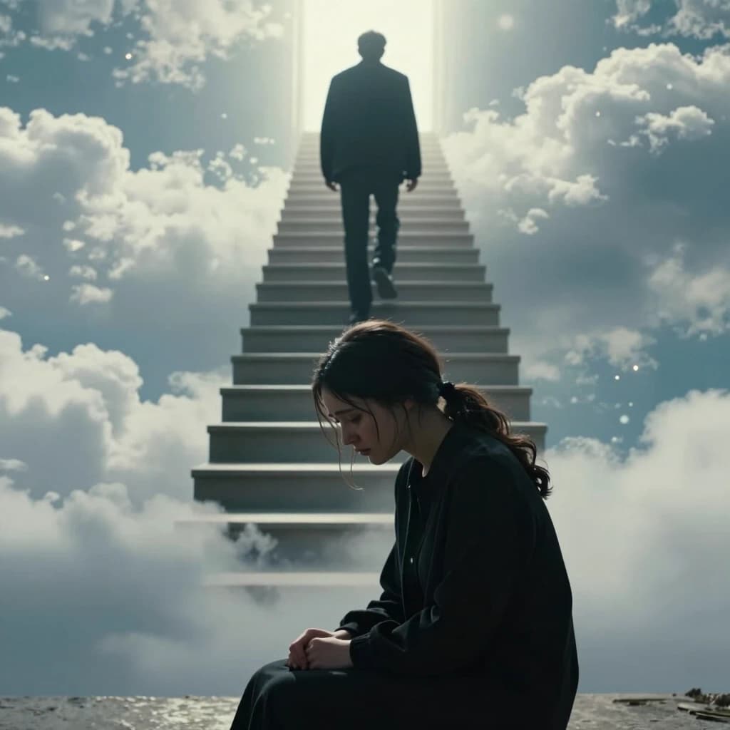 Cinematic shot from a dramatic film. In the foreground, a young woman in black mourning clothes sits in profile, her face expressing deep, silent grief. In the background, directly behind her, an endless staircase ascends into the sky, floating in the air and dissolving into white clouds and bright celestial light. No building walls, no ceiling—only the open space of the sky and clouds. A dark silhouette of a man in simple, everyday dark clothing (jacket and trousers) ascends this staircase, his back to the camera. A soft, fantastical glow surrounds him. Deep emotional atmosphere, professional cinematic lighting, high detail, 35mm film.