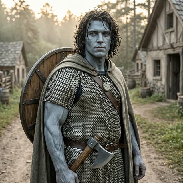 Fantasy character art,  portrait of a young male half-goliath half-human adventurer, about 25 human years old. He has a massive, sturdy, muscular build and broad shoulders, but no exaggerated bodybuilder veins. His skin is smooth stone-grey, with human-like texture, not rocky. His face is naturally good-looking but not studio-perfect: slightly asymmetrical, real, youthful, with a strong jaw and an neutral expression. No deep wrinkles, no heavy scars. His hair is dark, shoulder-length, genuinely messy and unkempt — greasy, windblown, uneven strands, not styled, not Hollywood messy. He has bright, clear blue eyes. He wears practical scale mail armor under a simple, worn traveling cloak; the cloak is slightly open so the scale mail is visible. A round wooden shield with metal reinforcement is strapped to his back only — no shield in his hand. His hands is empty! On his belt hangs a one-handed, single-edged battle axe. Around his neck is a simple stone amulet. He looks like a strong village lad who has just begun adventuring: sturdy but not yet hardened. Background: village edge or forest road at dawn. Natural, soft daylight, realistic fantasy style, detailed textures, no glamour, no cinematic studio lighting. --ar 3:4