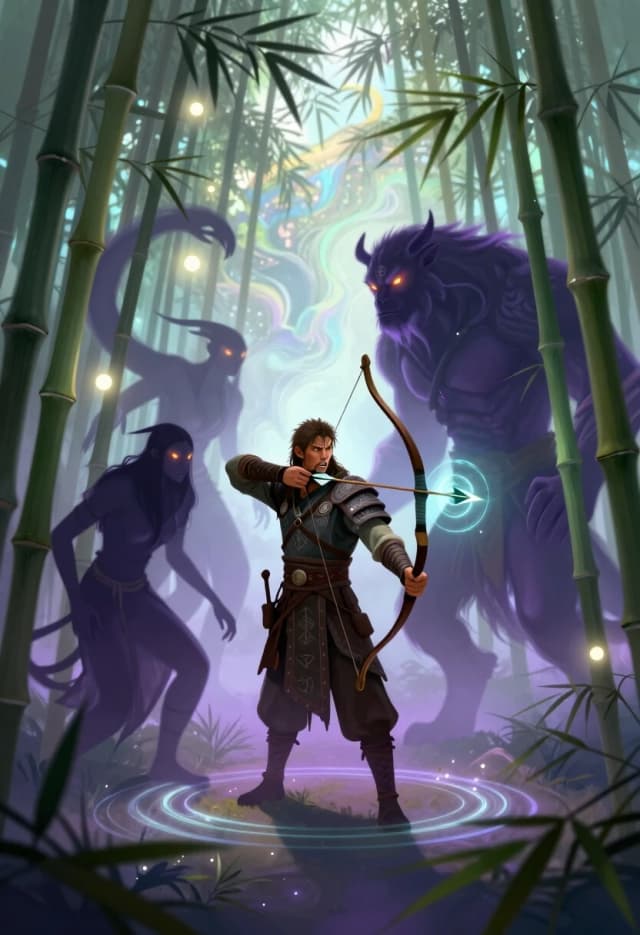 Surreal wuxia-style illustration. An Orcish Hunter is caught in a moment of realization: he’s not the hunter anymore — he’s the prey. The scene is a circular clearing in a bamboo forest, surrounded by tall, slender stalks that seem to sway in a wind that isn’t there. The hunter stands in the center, his bow drawn, but his arrow is frozen mid-air, surrounded by glowing, translucent energy rings.

Around him, the beastmen emerge not from the forest, but from the shadows themselves — their forms are fluid, shifting between human and animal, their eyes glowing with an inner fire. One beastman stands directly opposite the hunter, its posture calm but threatening; it’s not attacking — it’s waiting, challenging the hunter to make the first move.

The hunter’s expression is a mix of shock, anger, and resignation — he understands the trap he’s walked into. His armor is adorned with ancient symbols and talismans, but they offer no protection against this kind of magic.

The composition is symmetrical and balanced, with the hunter and the lead beastman forming a visual axis; the bamboo stalks create a natural frame, drawing the eye to the center. The background is a swirling mix of mist and ethereal light, with hints of otherworldly landscapes visible through the gaps in the bamboo.

Lighting is ethereal and otherworldly: soft, glowing orbs of light float in the air, casting a pale, unnatural glow on the characters; the shadows are deep and rich, with subtle gradients of purple and blue. The colors are vibrant but not garish — they have a painterly quality, with soft edges and delicate transitions.

Technical: 8K resolution, focus on the interplay between light and shadow, use of glowing effects and translucency; painterly textures with digital precision; atmospheric perspective; mood of fate, realization, and the thin line between hunter and prey.
