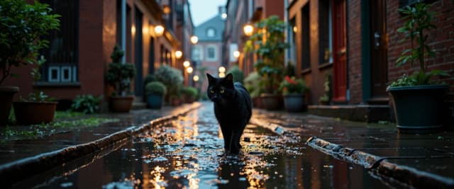 Photorealistic photo of a black cat walking through urban courtyards in the rain, wet fur, raindrops, puddles with reflections, dim street lights, evening, moody atmosphere, cinematic lighting, detailed, 8k, --ar 16:9 --style raw --v 6