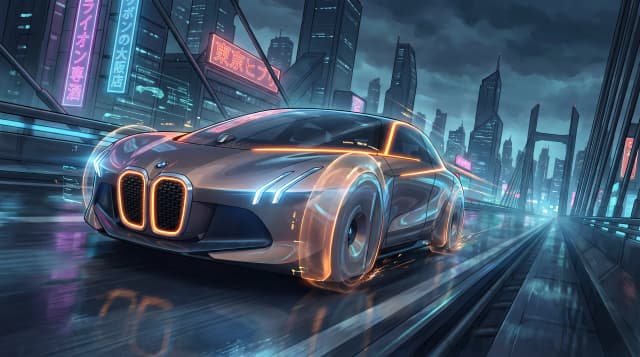 BMW Vision Next 100, едет по дороге, эпичный ракурс, горящие фары, шедевр, крупный план, стиль аниме с реалистичными деталями, киберпанк,