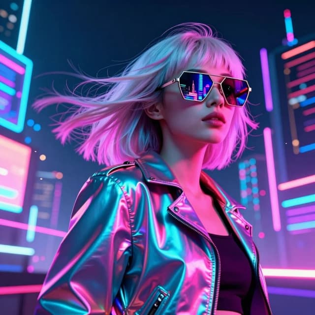 synthworld, synthwave, retro, A hyper realistic and highly detailed cinematic CGI portrait of a futuristic synthwave icon standing before a radiant neon metropolis at night. The woman has flowing platinum hair illuminated by magenta and violet highlights, her strands caught in dynamic motion as if carried by a warm electric breeze. She wears oversized geometric mirrored sunglasses that reflect a dazzling skyline of luminous skyscrapers, glowing holographic billboards, and streaks of radiant neon light. Her glossy metallic jacket shimmers with iridescent reflections in shades of cyan, pink, and electric blue, enhancing her bold and confident presence. The vibrant city behind her glows with towering architecture, radiant grid lines, and a stylized neon horizon, blending cyberpunk realism with artistic synthwave aesthetics. The composition is captured from a dramatic low angle with a pronounced Dutch tilt, creating a sense of movement and visual intensity. Subtle motion blur trails from passing light streaks and airborne particles, enhancing the energy of the scene. Cinematic lighting sculpts her face and accentuates reflective materials, while atmospheric haze and neon bokeh add depth and immersion. The image seamlessly fuses photorealistic precision with stylized CGI artistry, resulting in a striking and iconic retro-futuristic visual <lora:krea2_ta86_synthwave-style_V1.2:1.0>
Steps: 12, CFG scale: 1, Sampler: (None, Seed: 682025866806563, VAE: qwen_image_vae.safetensors, Model: krea2_turbo.safetensors, Model hash: 78bbf8f416, Clip skip: 1