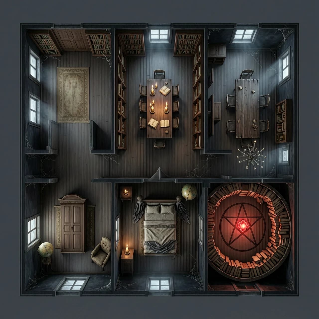 Photorealistic 3D architectural rendering, strict top-down 90-degree overhead view, looking straight down at a massive dark haunted gothic library mansion. The layout shows a complete floor plan with exactly 6 separate interconnected rooms with visible walls, shown as a 3D diorama. NOT a 2D blueprint, NOT a flat schematic.
Room 1 (Foyer): heavy oak double doors, a dusty entry rug.
Room 2 (Main Library): towering dark mahogany bookshelves against all walls, a giant central wooden reading table with melted candles and open books.
Room 3 (Private Study): a stone fireplace with dying embers, an antique armchair, and a celestial globe.
Room 4 (Dining Hall): a massive long dark wood table with 8 rotting chairs, a shattered chandelier lying on the floor.
Room 5 (Abandoned Bedroom): a dusty canopy bed with torn dark curtains, a small nightstand with a flickering candle.
Room 6 (Occult Sanctum): a circular room with a dark pentagram drawn on the floor, chaotic towers of ancient books, and a glowing eerie red stone.
Atmosphere: extremely dark, spooky, abandoned, cursed. Thick cobwebs in the corners, heavy floating dust particles. Cinematic horror lighting: deep black shadows, dim candlelight, volumetric fog, and patches of cold moonlight shining through a few small windows.
Textures and colors: deep blacks, ruined dark browns, and muted blood-red. Rich wooden floorboards, tattered rugs. Highly detailed 3D environment, Octane Render, Unreal Engine 5, photorealistic, volumetric lighting, masterpiece, 8k, --ar 4:3**