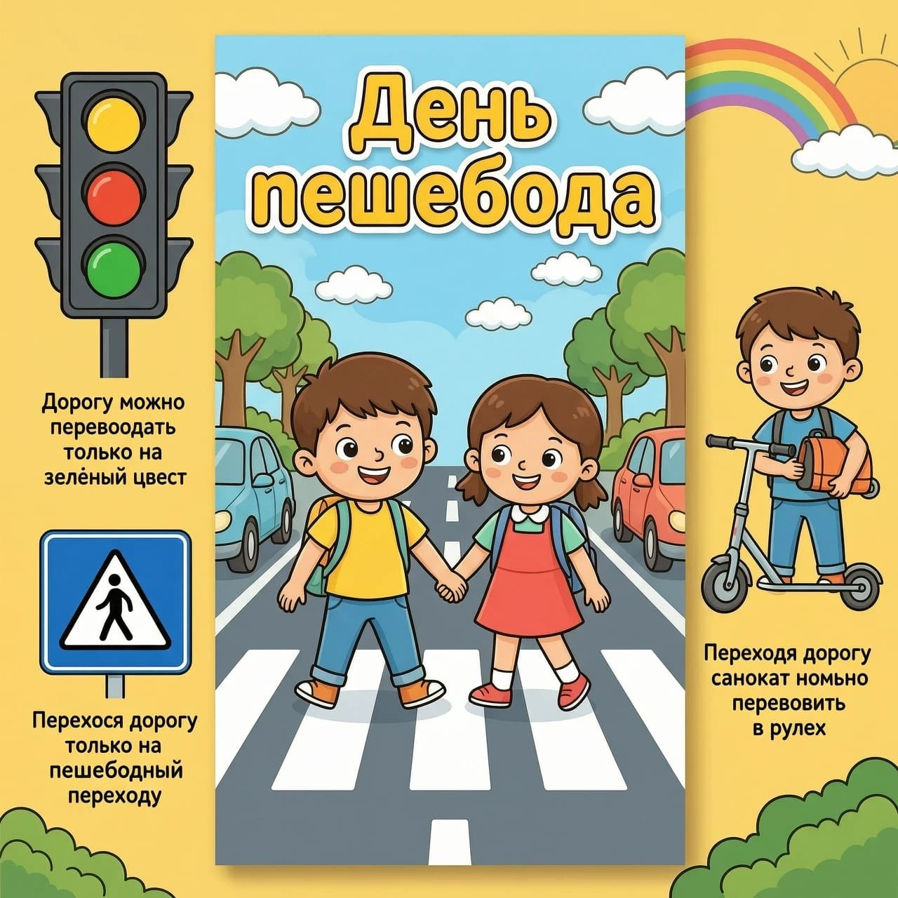 # 🚸 Инфопостер «День пешехода»

**Техзадание на отрисовку** (мультяшный рисованный стиль, для детей)

---

## Общее описание

Яркий вертикальный информационный плакат для детей дошкольного и младшего школьного возраста. Стиль — рисованный мультяшный, плоская векторная иллюстрация, мягкие округлые линии, толстые контуры, весёлые улыбающиеся персонажи, крупные простые формы, тёплая солнечная палитра (жёлтый, зелёный, голубой, оранжевый, красный).

---

## Композиция

### Центр — главный сюжет

Мальчик и девочка (примерно 7–9 лет) держатся за руки и переходят дорогу по пешеходному переходу. На них яркая одежда, у одного из них рюкзак. Они улыбаются и смотрят по сторонам. Под ногами — белые полосы «зебры», по бокам стоят остановившиеся машины.

### Верхняя часть по центру — заголовок

Крупный, яркий, читаемый заголовок в мультяшном детском шрифте:

> **День пешехода**

---

## Правила безопасности (три текстовых блока)

### 1. Левый верхний угол

- **Иллюстрация:** светофор с горящим **зелёным** сигналом (жёлтый и красный — приглушены или погашены).
- **Подпись:** «Дорогу можно переходить только на зелёный цвет»

### 2. Левый нижний угол

- **Иллюстрация:** дорожный знак «Пешеходный переход» (синий квадрат с белым треугольником и фигуркой идущего человека).
- **Подпись:** «Переходим дорогу только на пешеходном переходе»

### 3. Правая сторона

- **Иллюстрация:** самокат; при этом мальчик несёт его в руках (не едет на нём).
- **Подпись:** «Переходя дорогу самокат нужно перевозить в руках»



## Сводная таблица элементов

| Зона на постере | Что изображено | Текстовая подпись |
|:---|:---|:---|
| Центр | Мальчик и девочка переходят дорогу по зебре | — |
| Сверху по центру | Заголовок | **«День пешехода»** |
| Левый верхний угол | Светофор (зелёный сигнал) | «Дорогу можно переходить только на зелёный цвет» |
| Левый нижний угол | Знак «Пешеходный переход» | «Переходим дорогу только на пешеходном переходе» |
| Правая сторона | Самокат в руках у ребёнка | «Переходя дорогу самокат нужно перевозить в руках» |

---

## Рекомендации по исполнению

- **Формат:** A3 вертикальный (портретная ориентация).
- **Шрифт подписей:** крупный, рукописно-мультяшный, хорошо читаемый детьми.
- **Цветовая палитра:** тёплые яркие тона, контрастные акценты на важных объектах (зелёный сигнал светофора, синий знак).
- **Фон:** солнечный день, деревья, облака, зелёные кусты, возможно, радужные акценты.
- **Персонажи:** большие глаза, добрые улыбки, простые округлые формы.