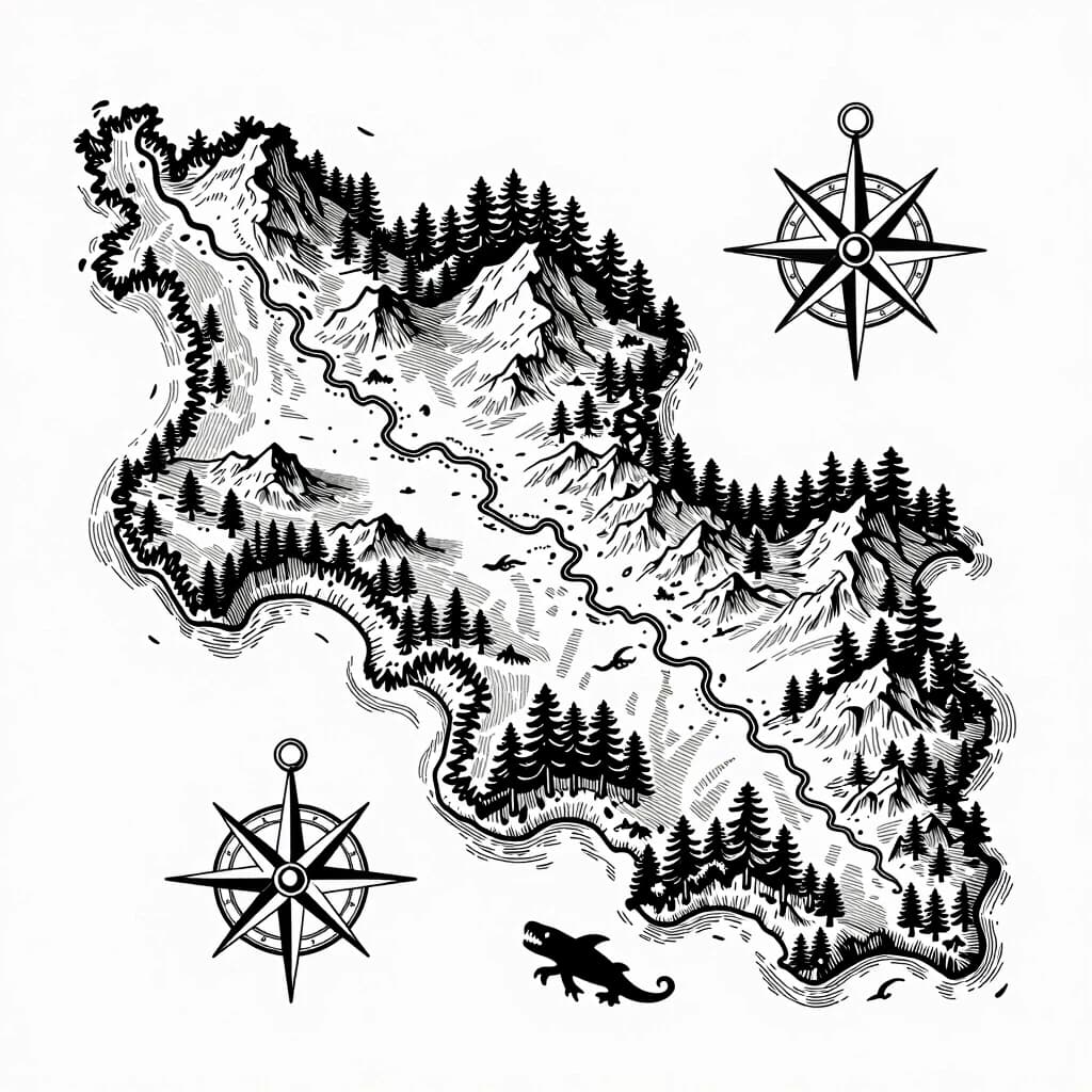 Vintage nautical map, detailed line art vector design, Tainted Grail style. Flat top-down overhead view of a dark fantasy island. Intricate vintage engraving style with fine black ink lines on a pure white background. The island interior is filled only with detailed hand-drawn topography, tiny detailed mountains, rivers, and dense forests made of individual tree outlines. No solid black fills, no black silhouettes. Includes an ornate compass rose and sea monsters in the open ocean. High contrast, sharp edges, pure black line art only, ready for laser engraving.
