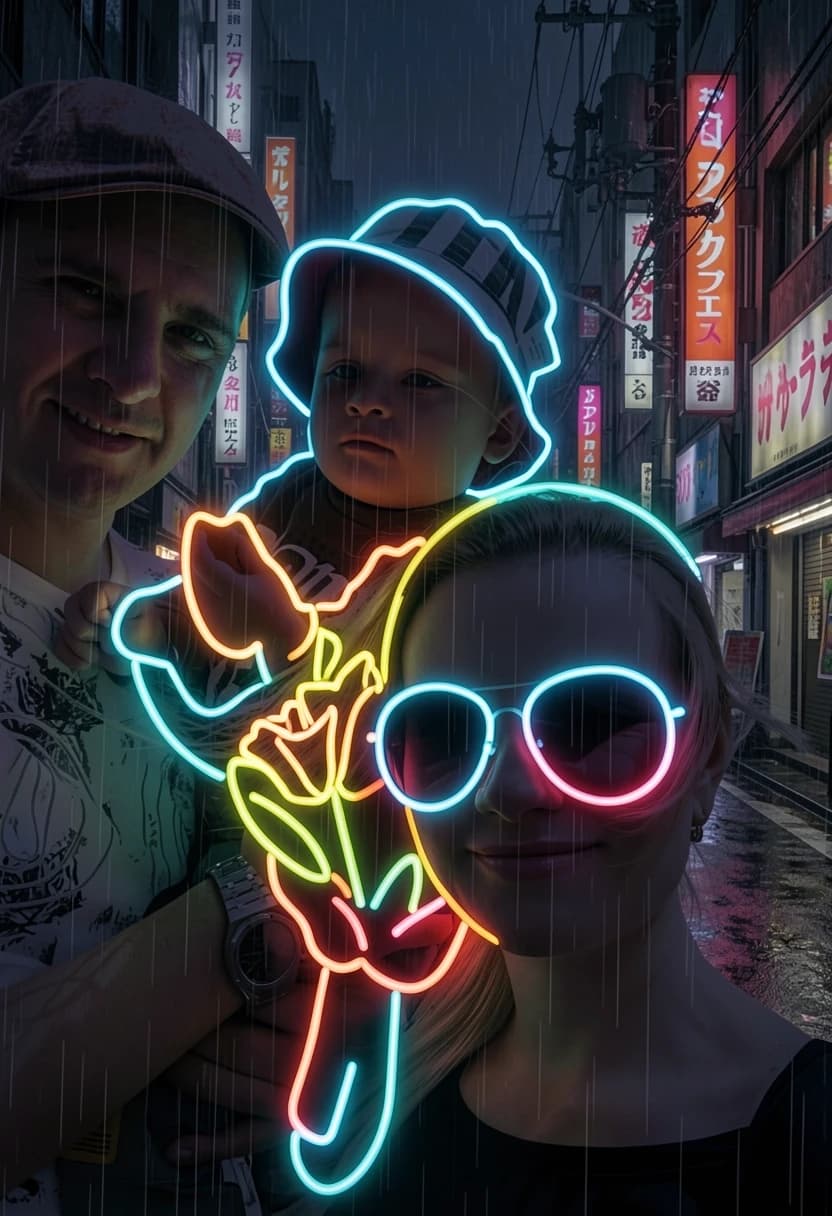 A commercial mixed-media vaporwave artwork, combine photo print and real LED neon signs. Detailed photo of the beautiful girl from the source image holding a bouquet of flowers. Minimalist neon design with very few, thick, chunky LED neon tubes. Only 3 or 4 major smooth neon lines highlighting just the main outer shape of the bouquet, with wide clear space and big distance between the lines. No small glowing details, no messy lines. Dark atmospheric rainy Tokyo street, clean bold neon strokes perfect for acrylic CNC routing, 8k resolution.