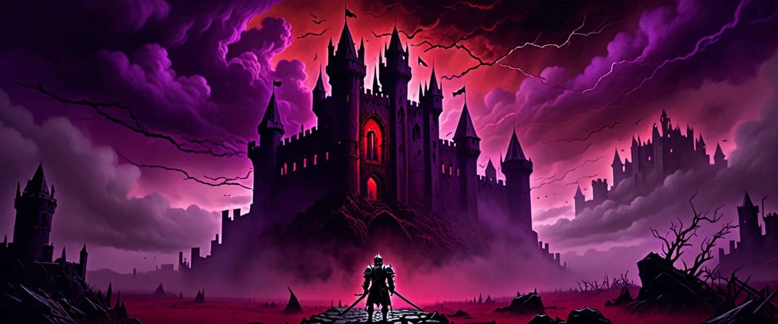 Dark fantasy gaming YouTube banner background, gothic ruined castle under a stormy blood-red and purple sky, mystical glowing fog, epic mood, detailed silhouette of a knight in armor on the side, negative space in the center for text, cinematic atmosphere, 8k wallpaper, volumetric lighting --ar 16:9