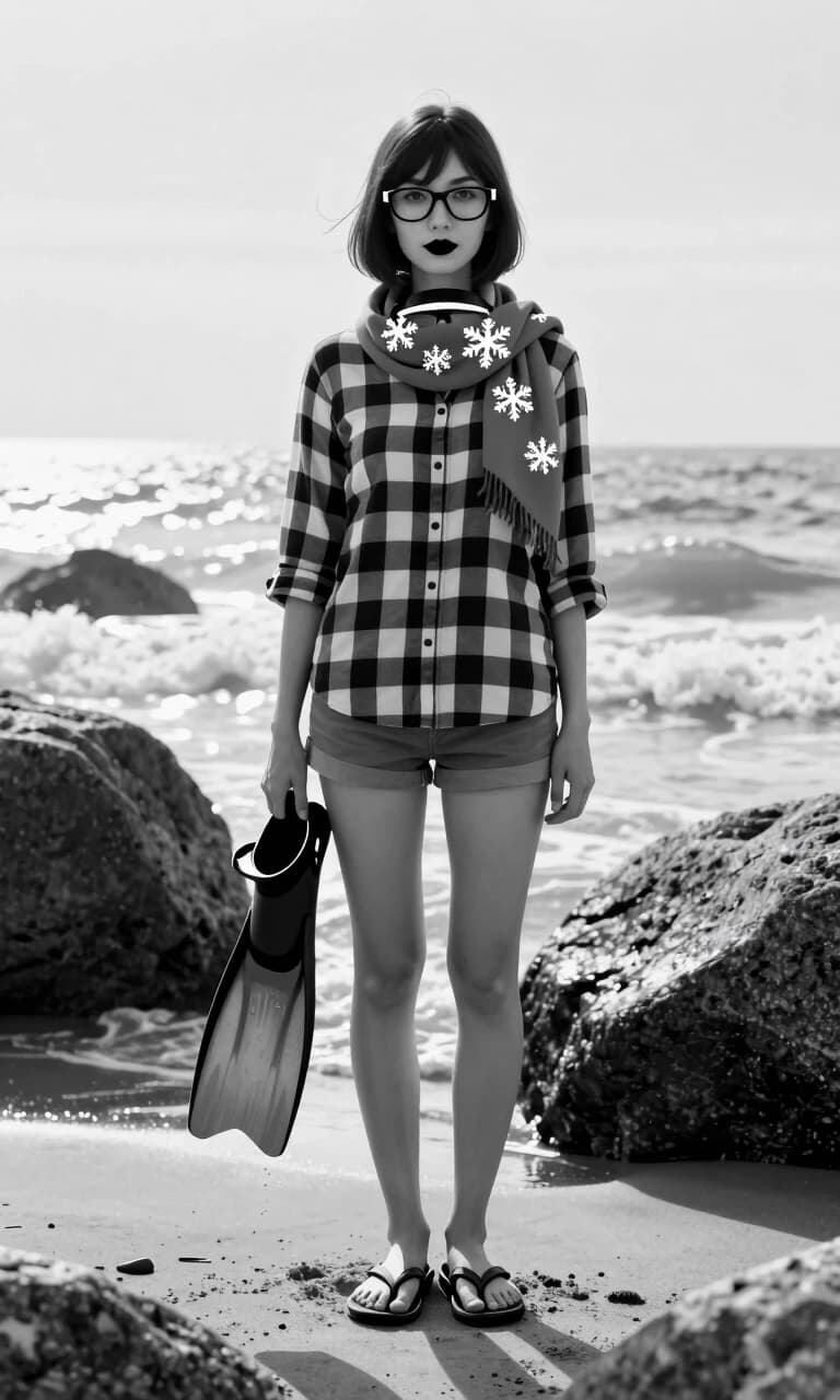 Black and white image. Woman. Medium bob hair. Rectangular glasses. Narrow vertical eyes. Scarf around neck with large snowflakes. Checkered shirt, large and small, even, checkered. Short shorts. Clean long legs. Standing at full height. Black lipstick, black eyeliner. Velcro flip-flops, no socks. Beach location. Standing between two large boulders. Detailed rendering of distant and frontal views. Morning, sun. Beach, sand. Medium-sized waves swaying. Holding fins and a diving mask in her hands.