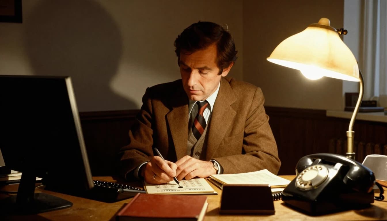 1970s writer at cluttered desk with old telephone and phone directory, vintage office, warm desk lamp lighting