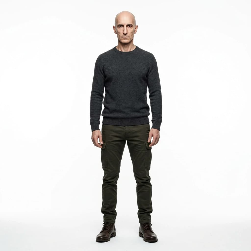 A photorealistic image in the style of a fashion photo shoot of a man of European appearance. Full-length. A man around 50 years old with the bearing of a professional military man. His appearance conveys vast, constantly honed combat experience: his posture is straight, his movements restrained yet confident, and every gesture is precise and as rational as possible. His face has pale skin, a sharply defined nose typical of mountain peoples, and almost black, attentive eyes, behind which one can easily discern self‑control and composure. bald. His build is slender, with no hint of excess weight, but his lean musculature reveals his extraordinary physical strength. He is dressed in simple, unmarked casual clothing — no accessories, jewelry, or protective gear. Even without weapons, it feels as though he is capable of instantly taking control of any situation; his gait and gaze immediately reveal him as a master of hand‑to‑hand combat and a versatile warrior.
A professional character design sheet on a pure white background, horizontal layout, 16:9 aspect ratio, style.

.  формат 16:9. . 8K, высокая детализация., гиперреализм.