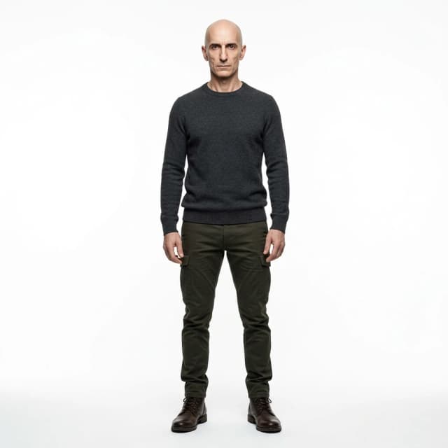 A photorealistic image in the style of a fashion photo shoot of a man of European appearance. Full-length. A man around 50 years old with the bearing of a professional military man. His appearance conveys vast, constantly honed combat experience: his posture is straight, his movements restrained yet confident, and every gesture is precise and as rational as possible. His face has pale skin, a sharply defined nose typical of mountain peoples, and almost black, attentive eyes, behind which one can easily discern self‑control and composure. bald. His build is slender, with no hint of excess weight, but his lean musculature reveals his extraordinary physical strength. He is dressed in simple, unmarked casual clothing — no accessories, jewelry, or protective gear. Even without weapons, it feels as though he is capable of instantly taking control of any situation; his gait and gaze immediately reveal him as a master of hand‑to‑hand combat and a versatile warrior.
A professional character design sheet on a pure white background, horizontal layout, 16:9 aspect ratio, style.

.  формат 16:9. . 8K, высокая детализация., гиперреализм.