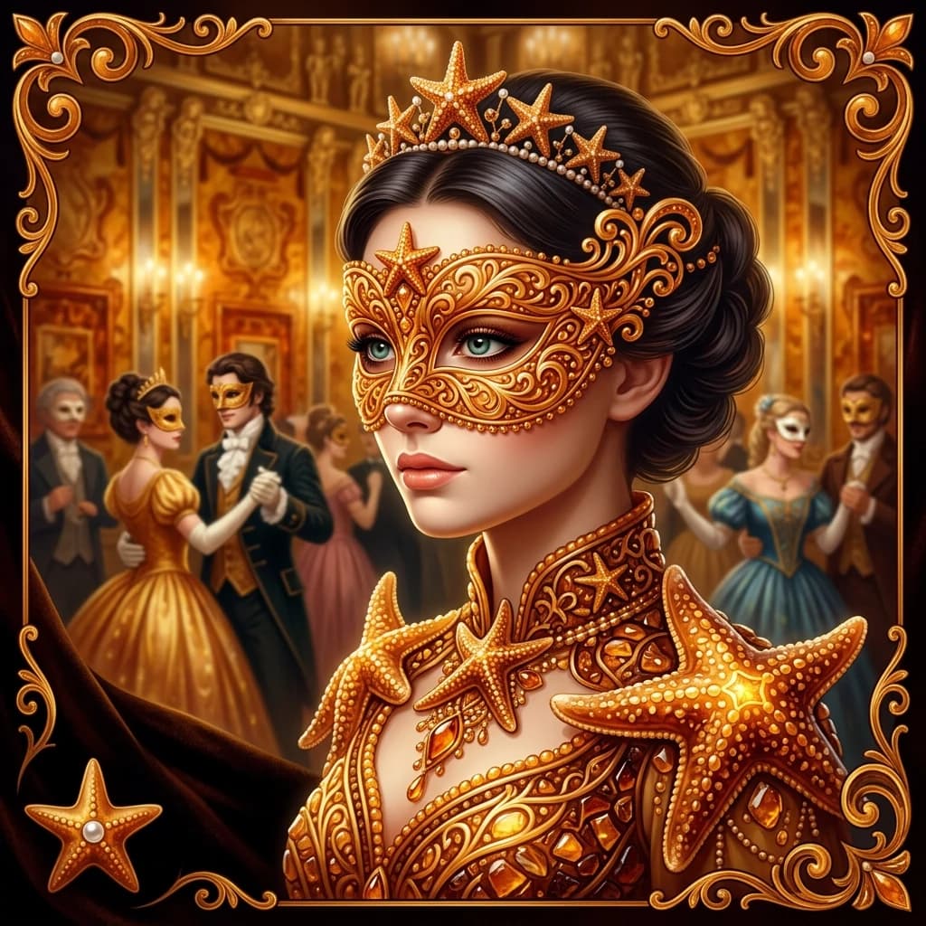 Background: Masquerade Chess Ball in the Amber Room. Ladies and men in masks. Young couples. The foreground. 
(Chess queen in amber style) She is dressed in a starfish costume in light and dark shades of amber. There is a half mask on his face. (Columbine half mask) a mask that covers only part of the face. Mask Decorations:with a patterned ornament in the form of sea waves with an amber tint Color:all shades of amber. This image combines the aesthetics of fantasy and the Yekaterinburg era, creating a vivid and memorable image of the queen. (Style):fantasy art, baroque, art design, romance, close-up, formal portrait, high quality, gradient, grace, Interior light, 4k, intricate details.