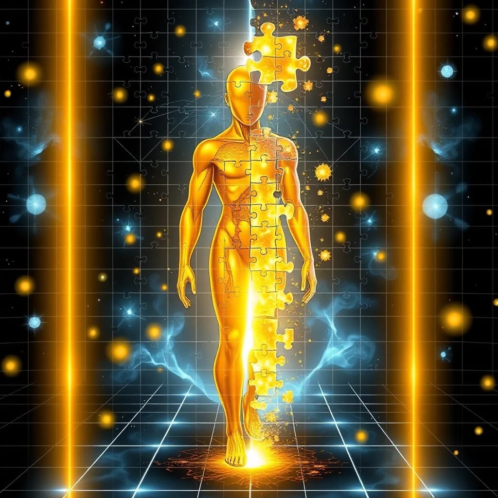 A human figure reassembling from puzzle pieces of light. Each piece floats into place, forming a glowing whole. The background is a cosmic grid of energy. Style: sci-fi comic art, gold, blue, black, geometric precision, wholeness.