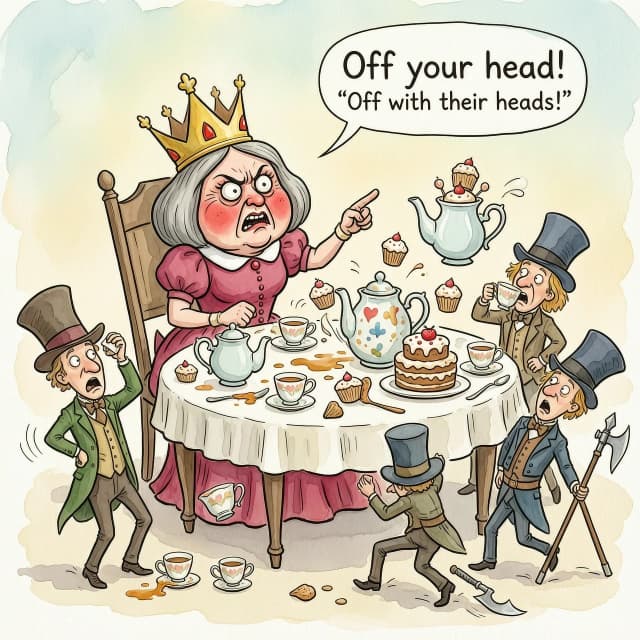 (masterpiece:1.8, acrylic painting:1.5, best quality:1.6, ultra-detailed:1.6). A bizarre and funny image (of the Queen of Hearts), who, sitting at a crazy tea table, angrily exclaims: "Off your head!' (Off with their heads!). The reason for her anger may have been a bad croquet game or too much sugar in her tea. (She's sitting at the head of a table strewn with ridiculous teapots and mountains of cakes, her crown slightly askew.) The Queen's face is red with annoyance, with puffed cheeks and wide-open eyes that look more offended than truly angry. (She points her finger with such effort that she looks like she's about to knock over her tea).
(Around her are the Hatter and the March Hare, who comically jump up and down in "fright," but at the same time try to hold on to their cups and cupcakes. Sonya may have poked her head out of the kettle, clearly annoyed by the noise. The card guards nearby may be awkwardly retreating, tripping over table legs or dropping their halberds). The tea table is a mess of flying cupcakes, spilled tea, and tumbling teacups.
The lighting is light and airy, creating a light, almost pastel mood. The overall atmosphere is a light, funny mess, where the Queen's anger is more of a familiar but theatrical act. Detailed watercolor or pastel illustration, playful composition, soft but saturated colors, light strokes, digital painting. Inspired by Quentin Blake's dynamic illustrations and Mary Blair's vibrant style.