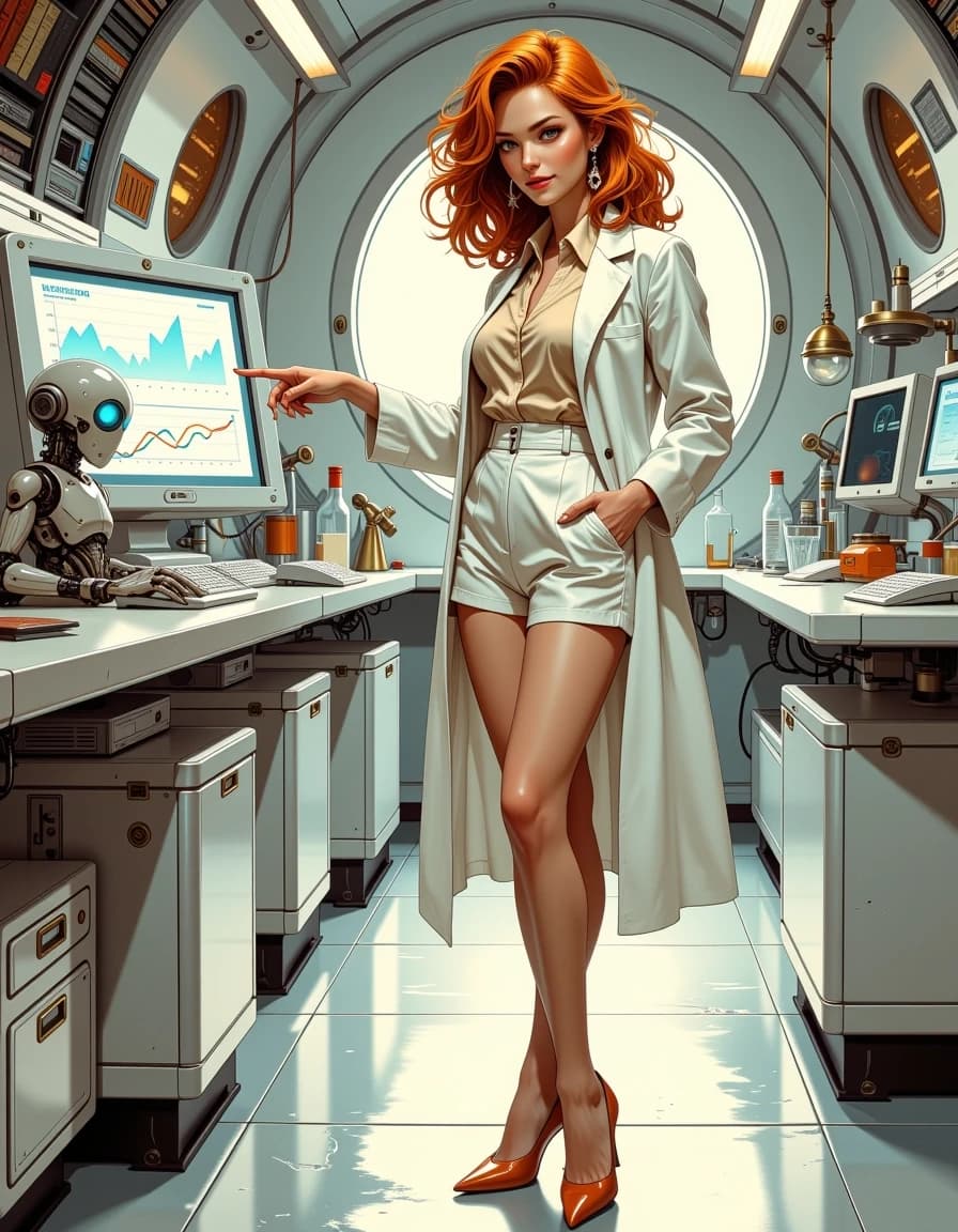 A masterpiece,  in the style of the 1980s, with bold lines, dynamic strokes and rich textures, on background with a touch of nostalgia, perhaps with subtle drawings inspired by cellulose and vintage, worn textures similar to paper,oil painting, A stunning female scientist with vibrant wavy ginger hair, in her late 20s, stands in a futuristic, high-tech laboratory. She is wearing a crisp, professional white lab coat layered over a light-colored blouse and matching tailored shorts, paired with elegant tan high-heels. Her expression is confident and friendly, with a gentle smile as she points toward a data screen. To her left, a small, intricate robotic assistant with glowing blue eye details stands on a laboratory desk. The environment is filled with retro-futuristic computer monitors showing glowing charts and technical displays, brass metallic accents, and rounded archway doorways. The lighting is bright, clean, and diffused, casting soft shadows that emphasize the sleek, sterile aesthetic of the lab. The composition is a full-body portrait captured from eye level, featuring smooth, polished textures on the equipment and a muted, sophisticated color palette of white, tan, and soft grey. The overall mood is intelligent, innovative, and futuristic, reminiscent of classic science fiction laboratory set design.