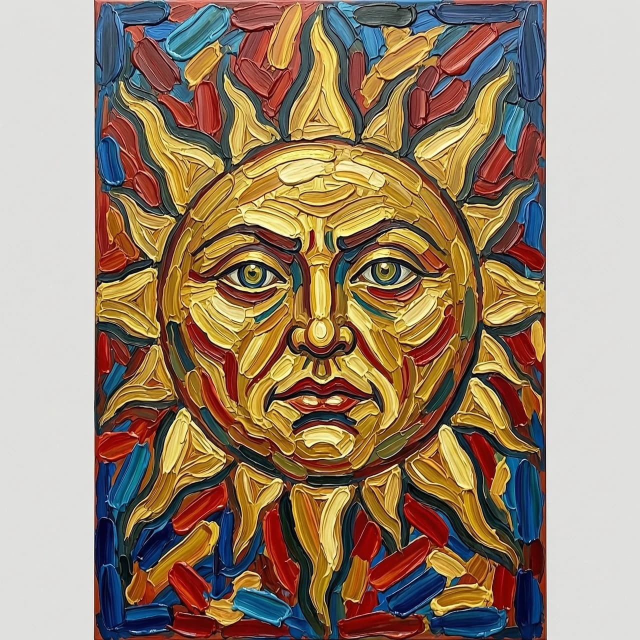Expressionist 9:16 artwork of a gold sun distorted by thick, energetic strokes, intense colors, no text.