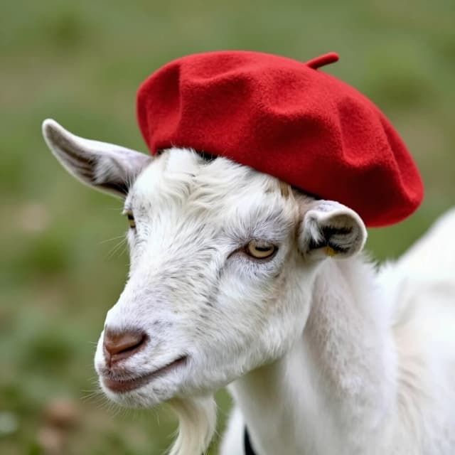 A red French beret was put on the goat