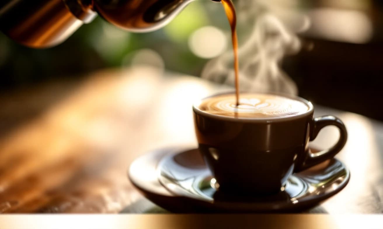 Cinematic premium coffee commercial, warm sophisticated atmosphere, realistic photography, shallow depth of field, beautiful natural morning light, subtle film grain, elegant camera movement.
Scene: freshly brewed espresso slowly pouring into a beautiful ceramic cup. Extreme close-up, rich crema forming on the surface, dramatic warm backlight, slow motion. Milk being poured into the coffee, creating an elegant latte art pattern. Smooth controlled movement, beautiful steam.
Mood: inspiring, warm, premium, comforting, sophisticated.