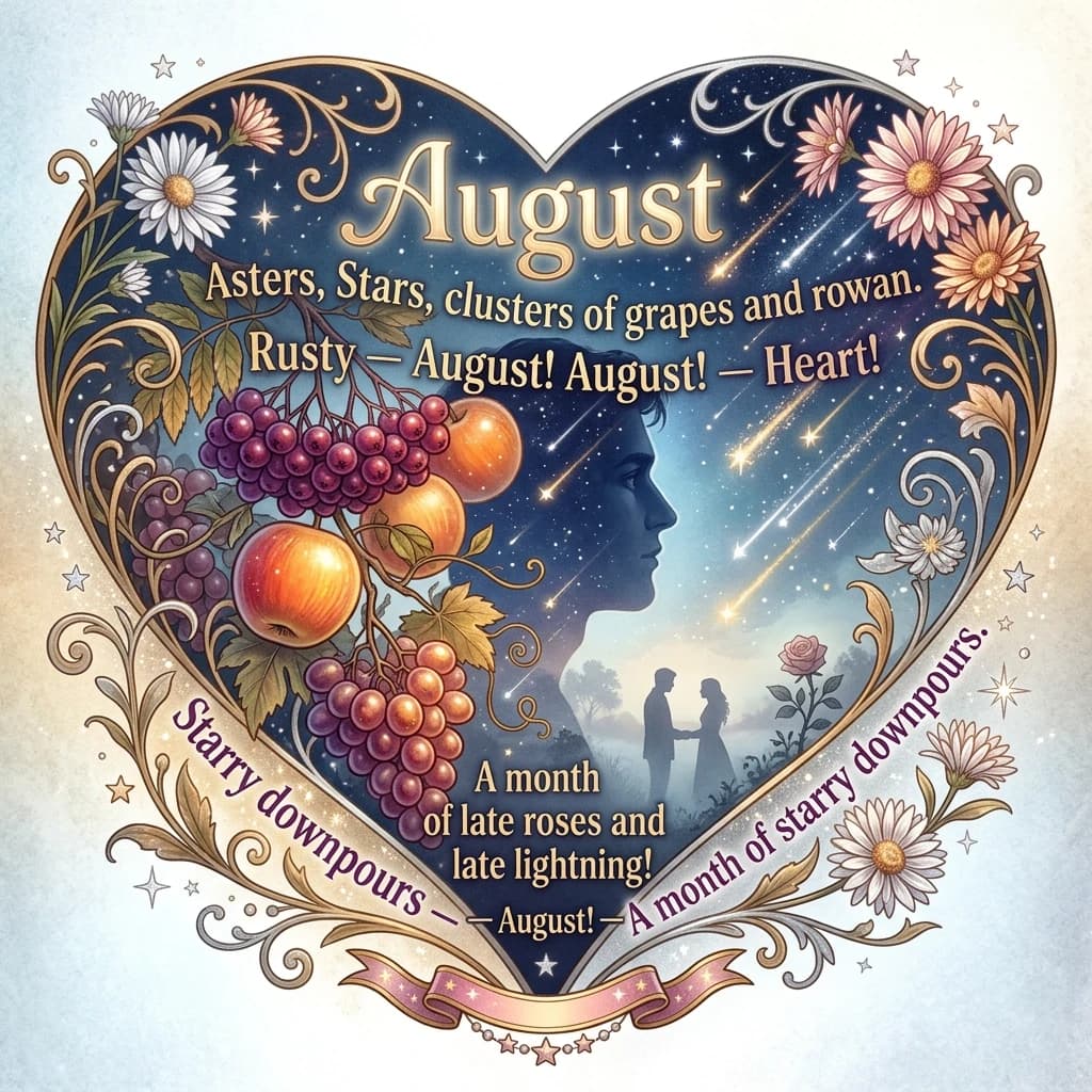 ((Advertising card in the shape of a heart)) (Greeting card background): blue-white, golden-brown, golden-white, golden-blue. (Decorated with floral scrolls, spirals, and vignettes of rowan berries and grape leaves.  "August"   
(August — asters,
August — stars,
(August — clusters
Of grapes and rowan) 
Rusty — August!
 August! — Heart!
(A month of late kisses,
Late roses and late lightning!)
Starry downpours — August! — A month
Of starry downpours) (modernism, magical realism, metaphor, poetry, postcard, landscape, sonnet, romantic elegy, Silver Age, the last month of summer, night sky, starfall, apples, double exposure, tenderness, sadness, romantic dates, silhouette in the morning fog, male profile against the night sky, close‑up). (Colors):golden, white, green, white‑green, yellow‑golden, silver, pink‑golden, silver‑white, pink‑lilac, white‑pink, silver‑platinum. (Style):art‑fantasy, shabby‑chic, poster, advertising, art design, retro design, summer night, romance, close‑up, double exposure, high quality, gradient, elegance, star outline, glamour, sparkle, luxury, celebration.