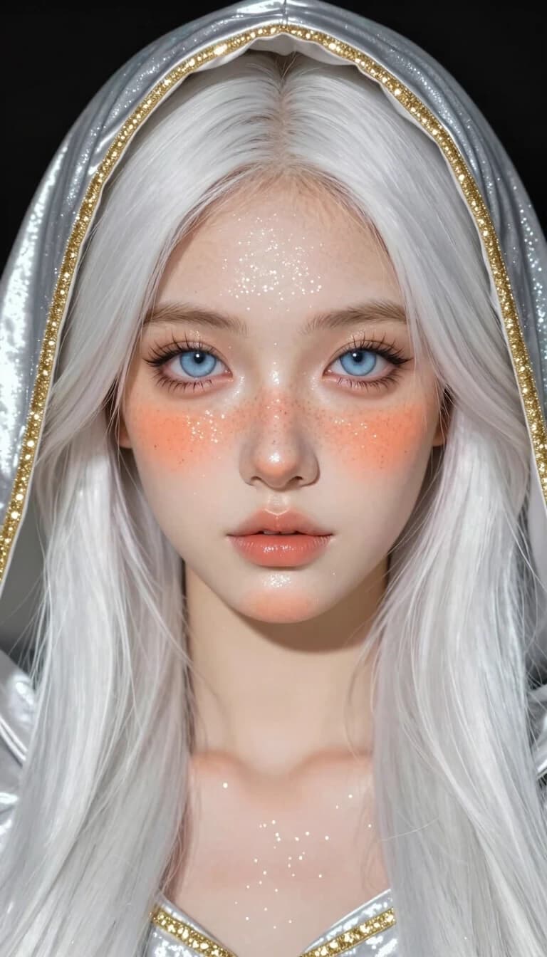 Tight close up portrait, young woman with long silky platinum white hair, bright pale blue eyes, soft freckles across nose and cheeks. Fine iridescent white glitter dusted across her skin, warm peachy blush, glossy natural lips, long dark lashes. She wears a shimmering liquid silver hooded cloak with a thick glittering gold trim along the hood edge. Soft warm rim lighting against solid black background, glitter catches the light with tiny glowing sparkles, smooth skin texture, polished digital painterly style, sharp focus on eyes.